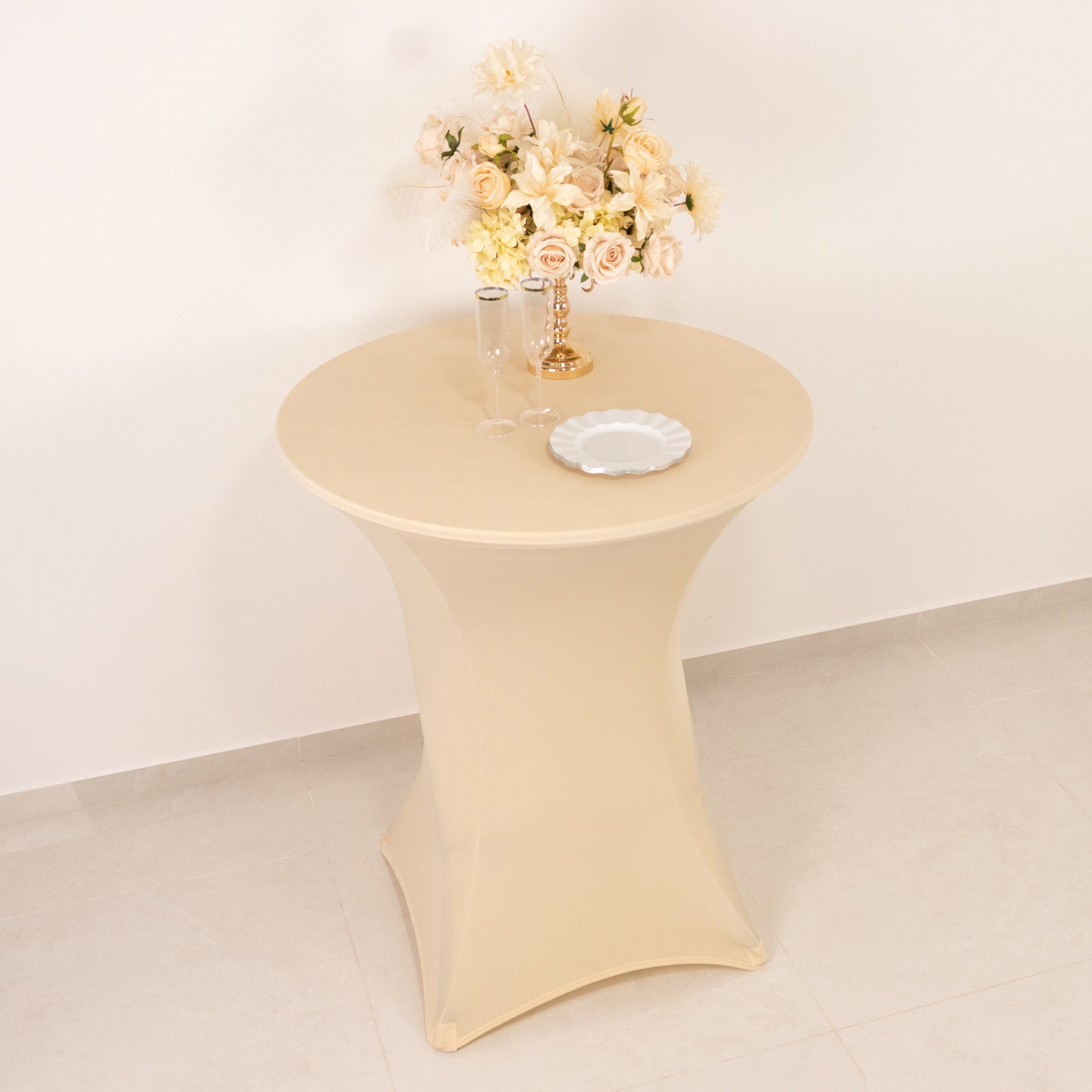 Spandex 33-36 Round Cocktail Table Cover Beige - Easy to Maintain Stretch Fitted Highboy Tablecloth