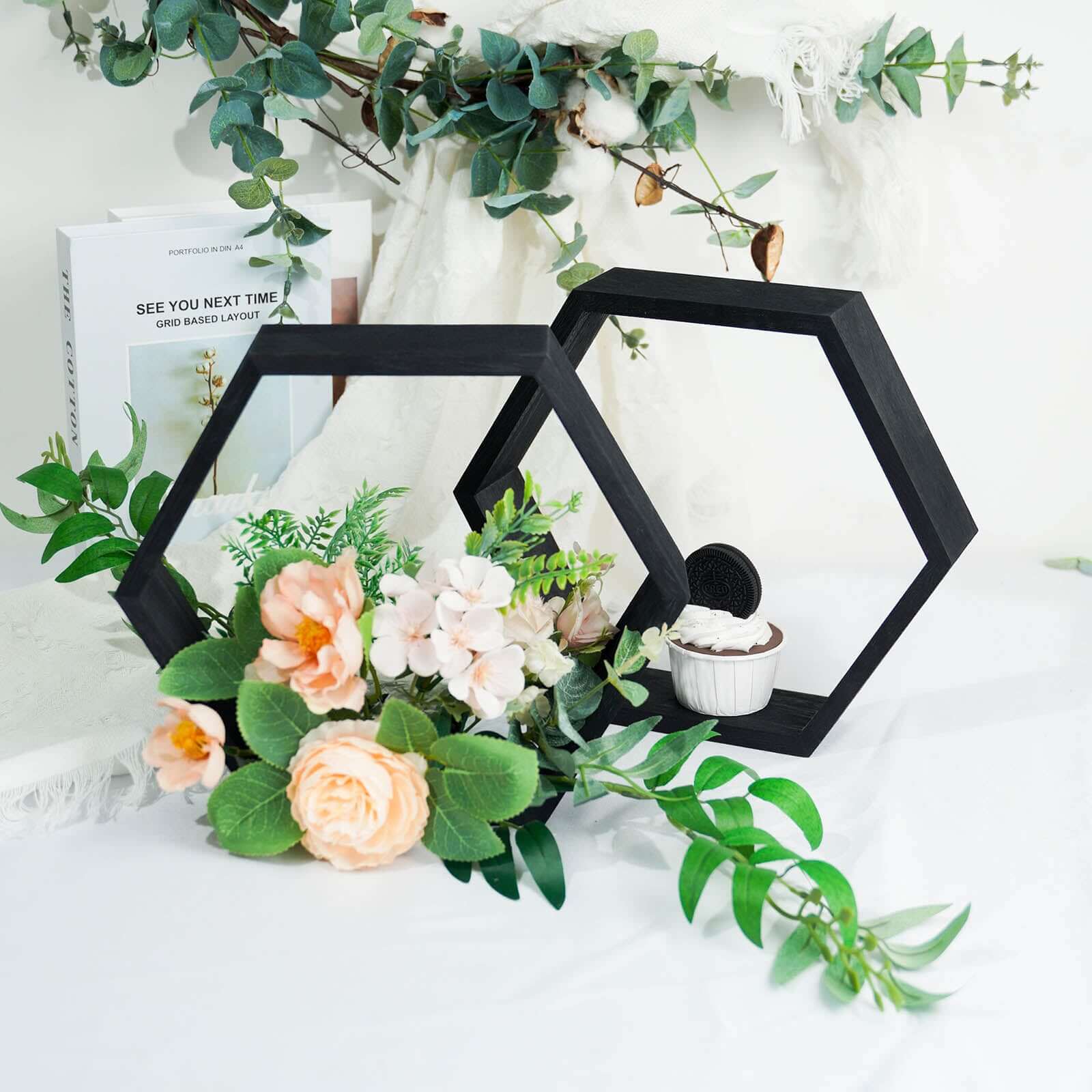 2 Pack 9 Tall Hexagon Black Wood Centerpiece, Geometric Terrarium Honeycomb Storage Shelf