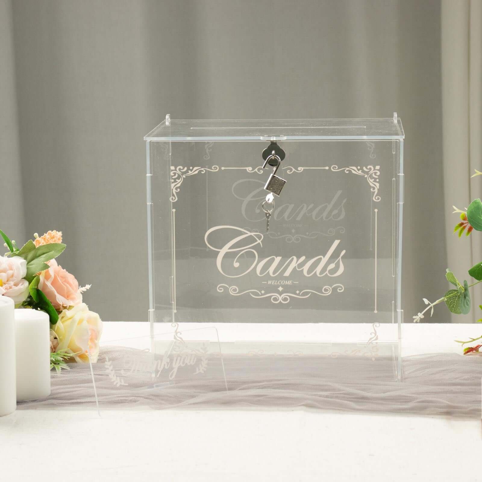 Clear Acrylic Wedding Card Box With Lock, Key & Thank You Sign Stand, Reception Party Money Gift Card Box