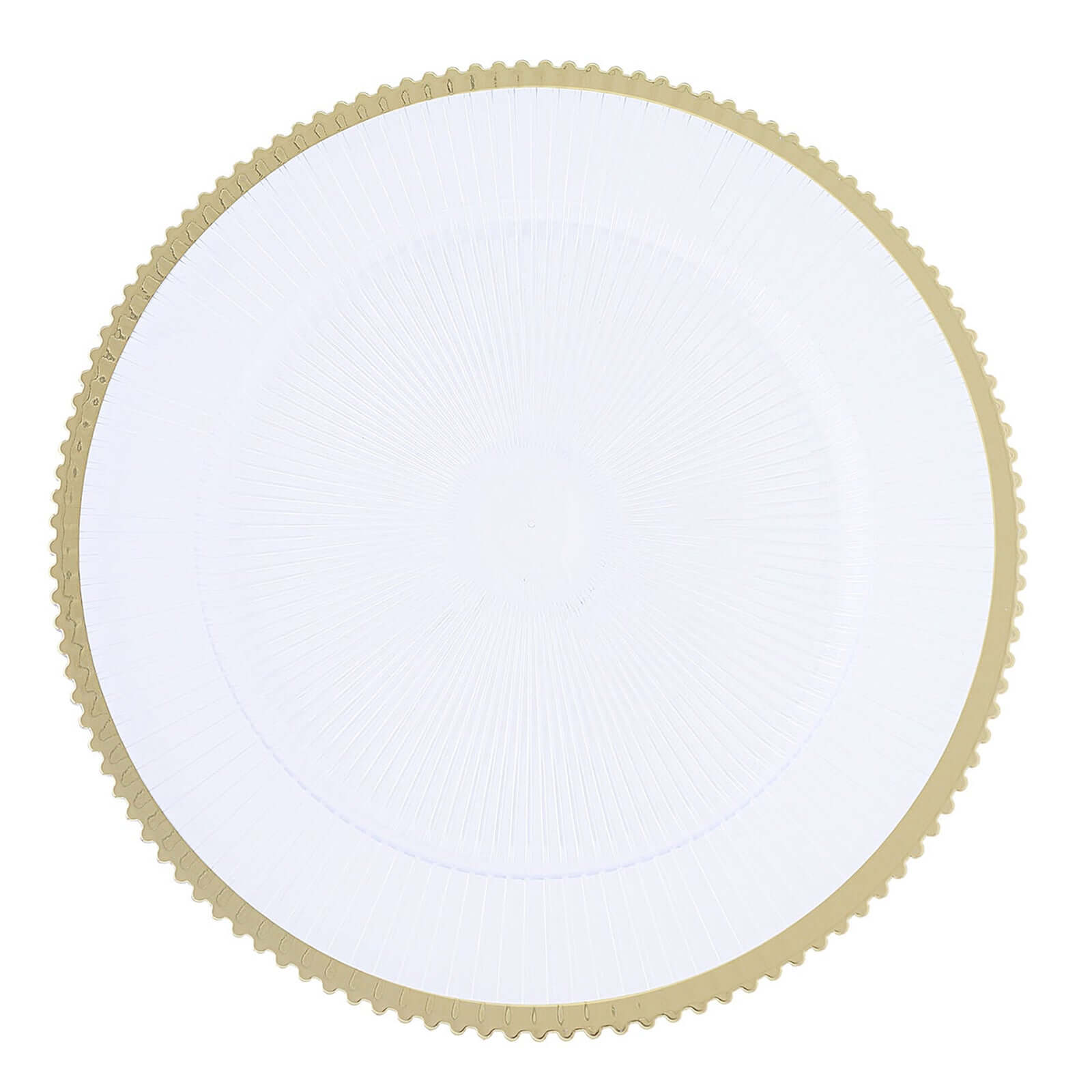 6-Pack Acrylic Plastic Round Charger Plates 13 in Clear with Gold Sunray Wavy Rim, Exquisite Dinner Serving Plates