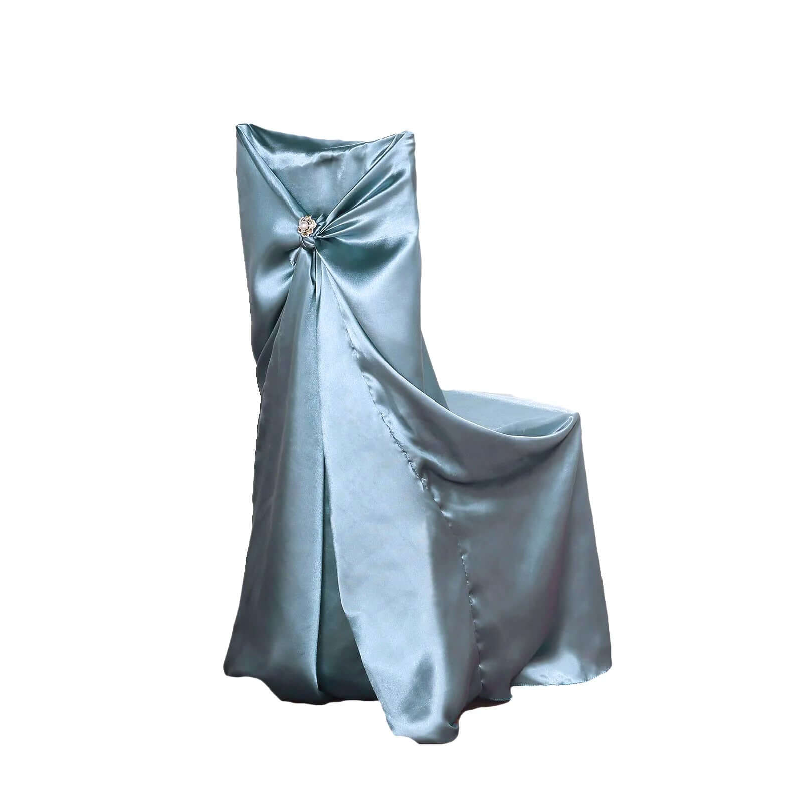 Satin Chair Cover Self-Tie Universal Design Dusty Blue - Durable Slip-On Cover for Folding, Dining, Banquet & Standard Chairs