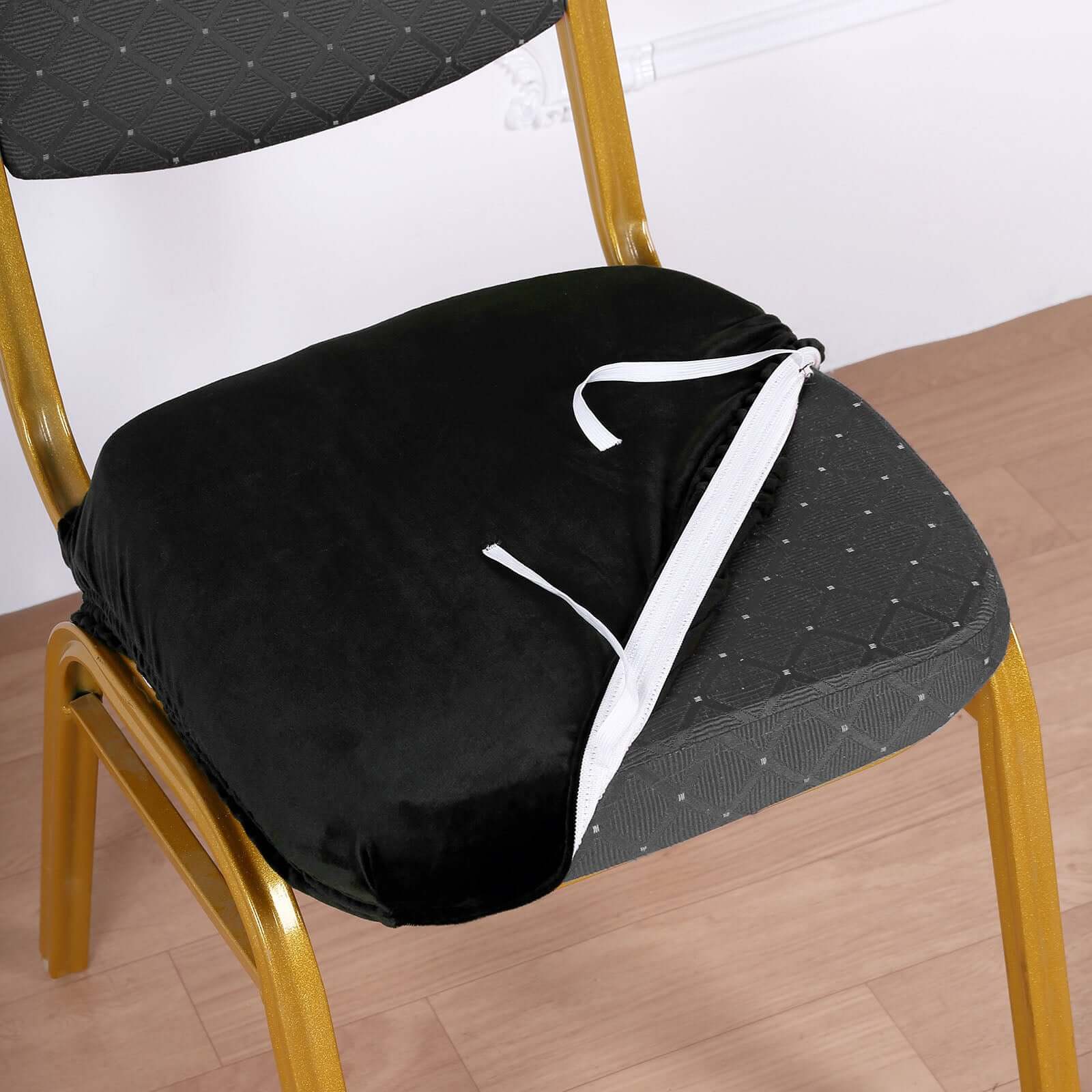 Velvet Chair Cushion Protector Stretch with Tie for Dining Chairs Black - Durable Cover for Formal Gatherings