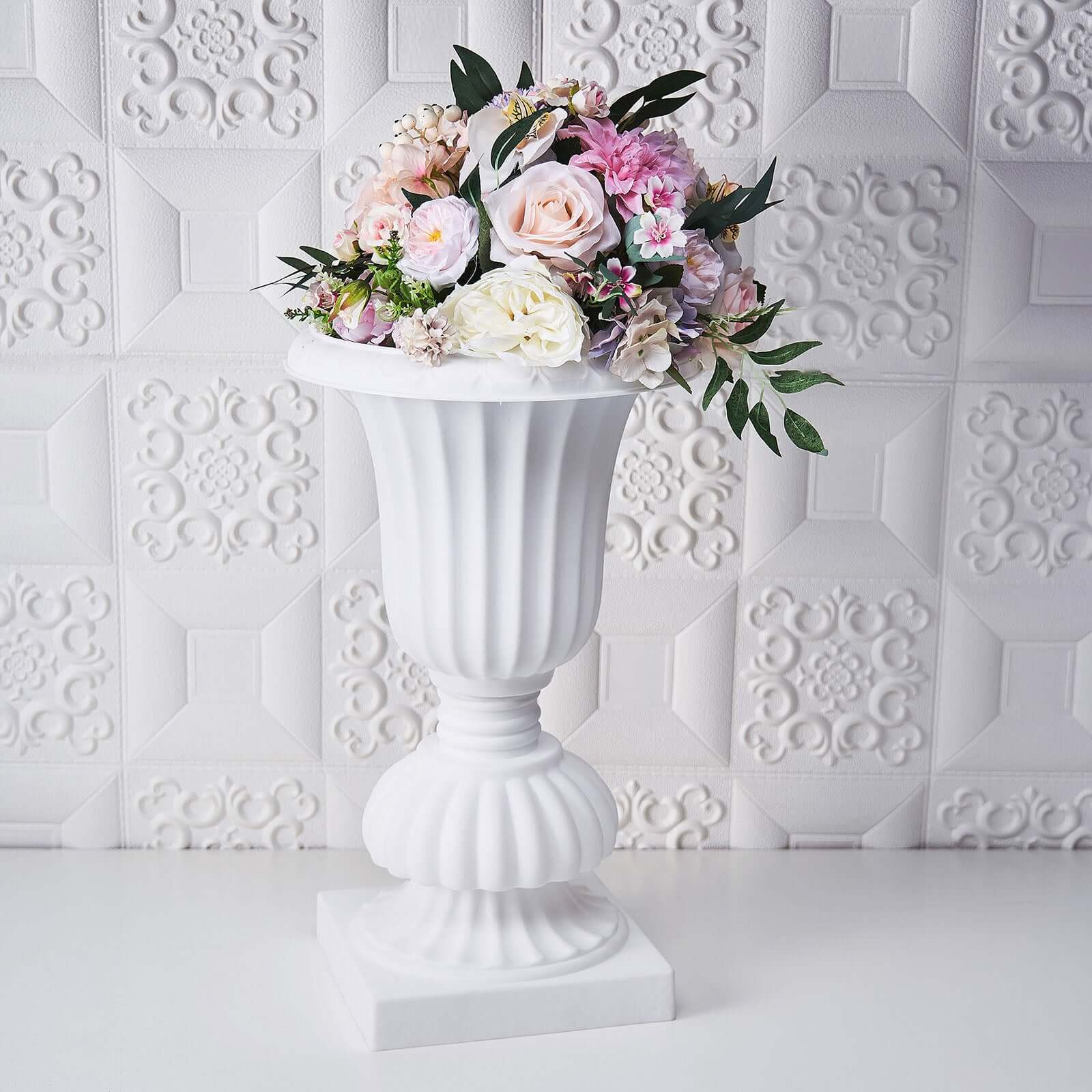 2 Pack 20 White Urn Planter, Floral Pedestal Flower Pot Plant Stand - PVC