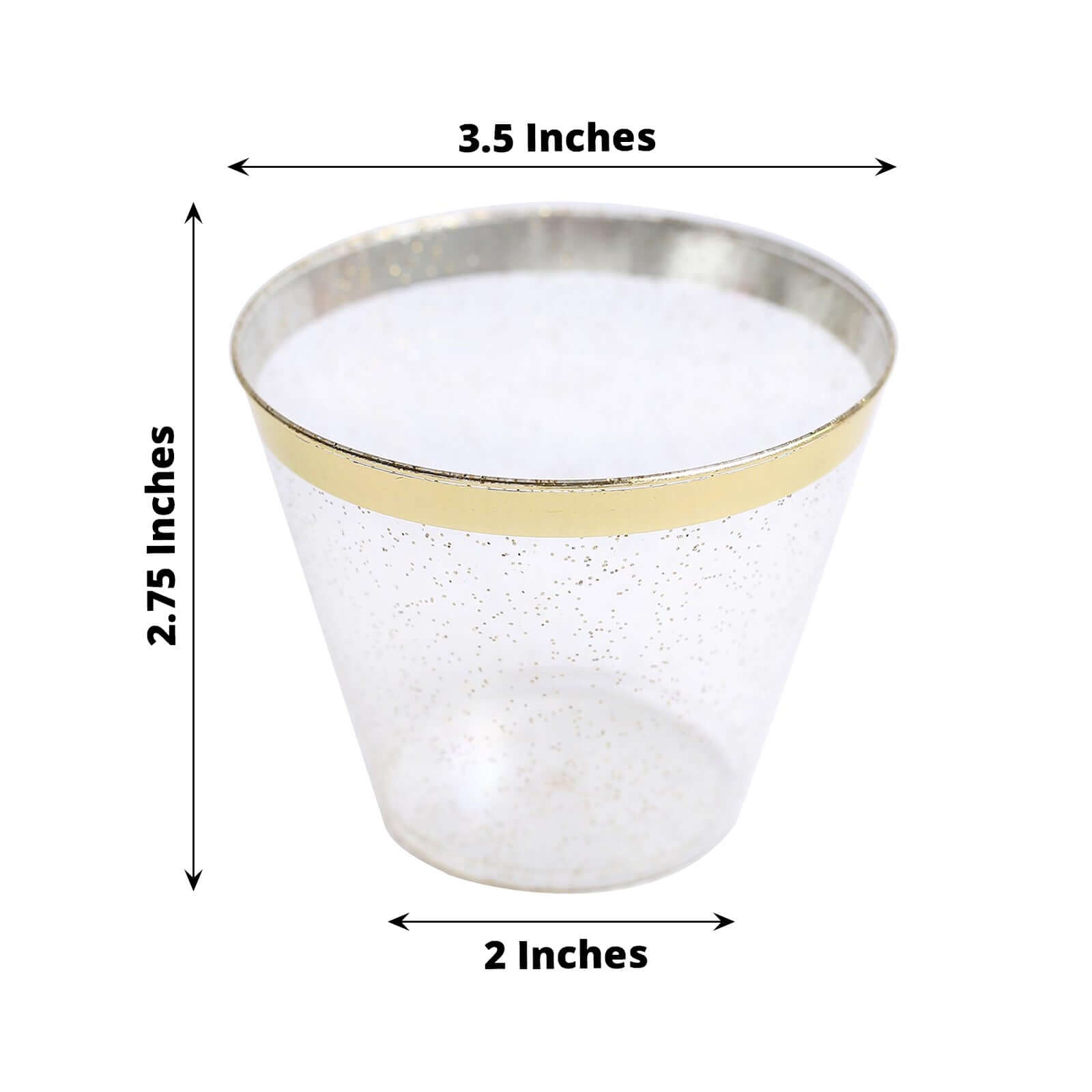 25-Pack Plastic Party Cups Clear/Gold Glitter Crystal with Gold Rim - Stylish Short Disposable Glasses 9oz