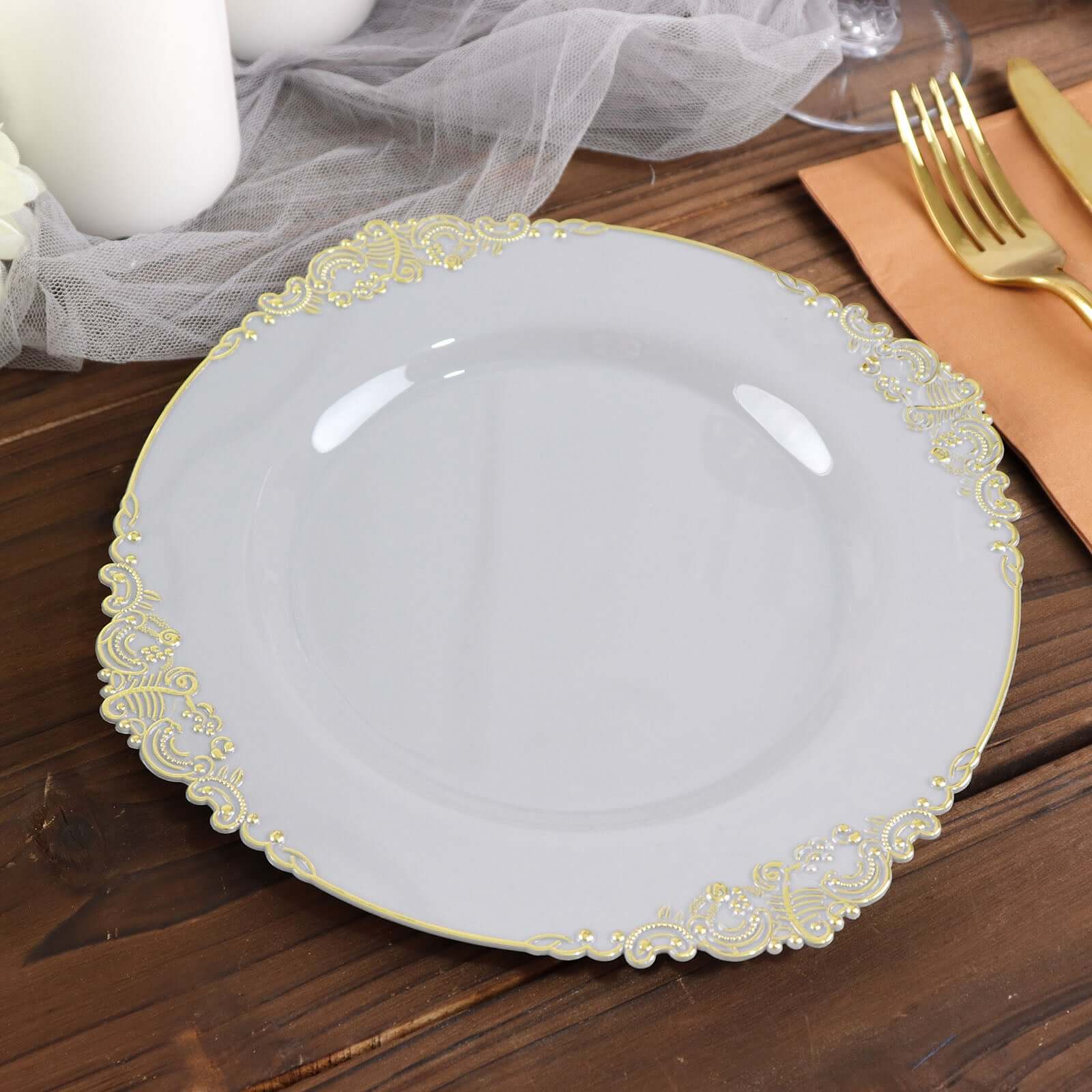 10-Pack Plastic 8 Round Dessert Plates in Gray with Gold Leaf Embossed Rim - Disposable Vintage Baroque Style Salad Plates