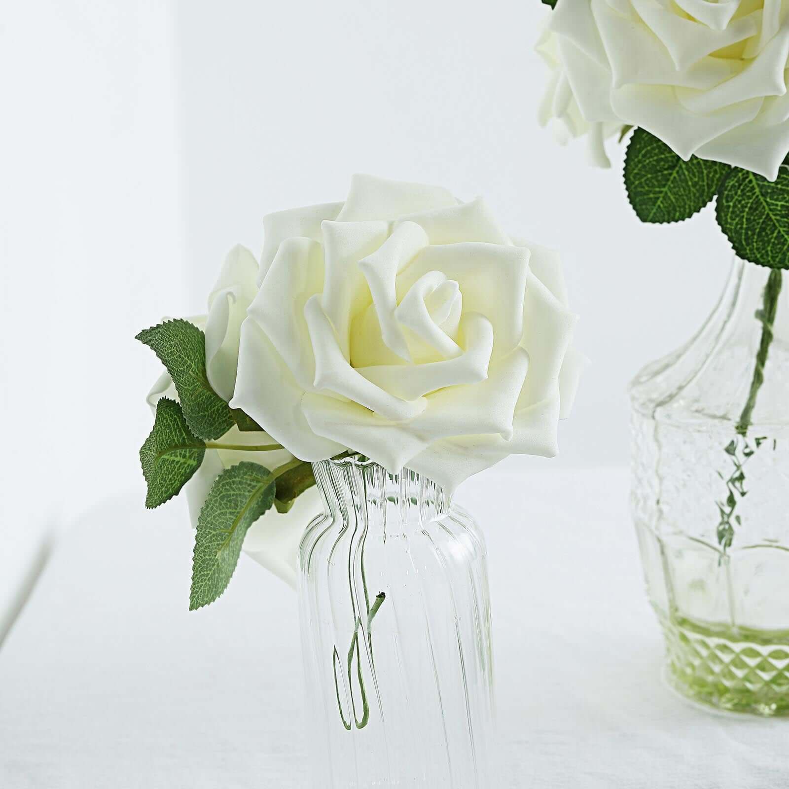 24 Roses 5 Ivory Artificial Foam Flowers With Stem Wire and Leaves