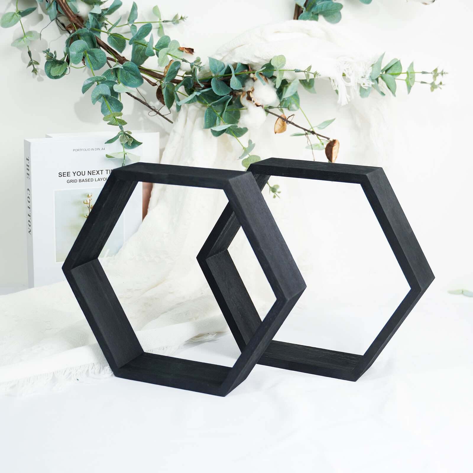 2 Pack 9 Tall Hexagon Black Wood Centerpiece, Geometric Terrarium Honeycomb Storage Shelf