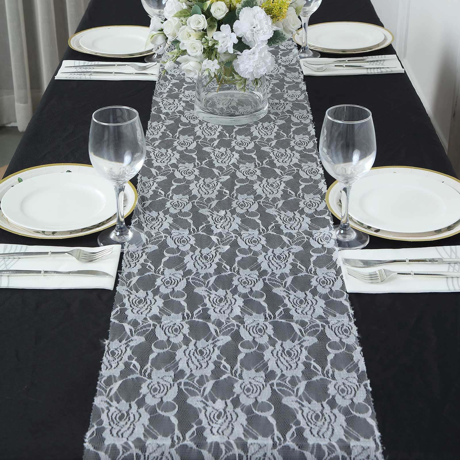 Lace 12x108 Table Runner White with Rose Flower Pattern - Stylish Vintage Table Decor