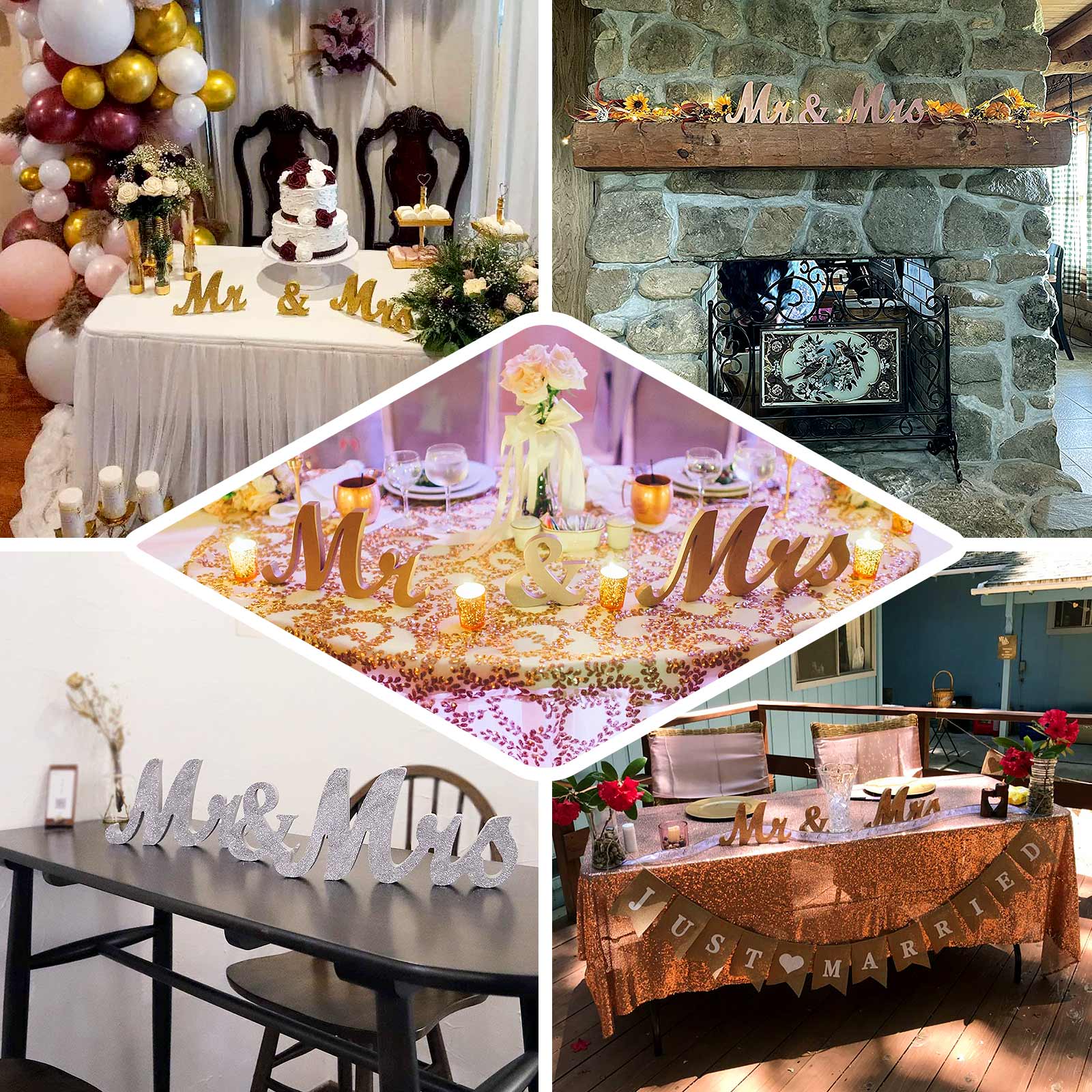 Wooden Mr & Mrs Freestanding Letters Silver Glittered - Rustic Glam Wedding Table Display Signs