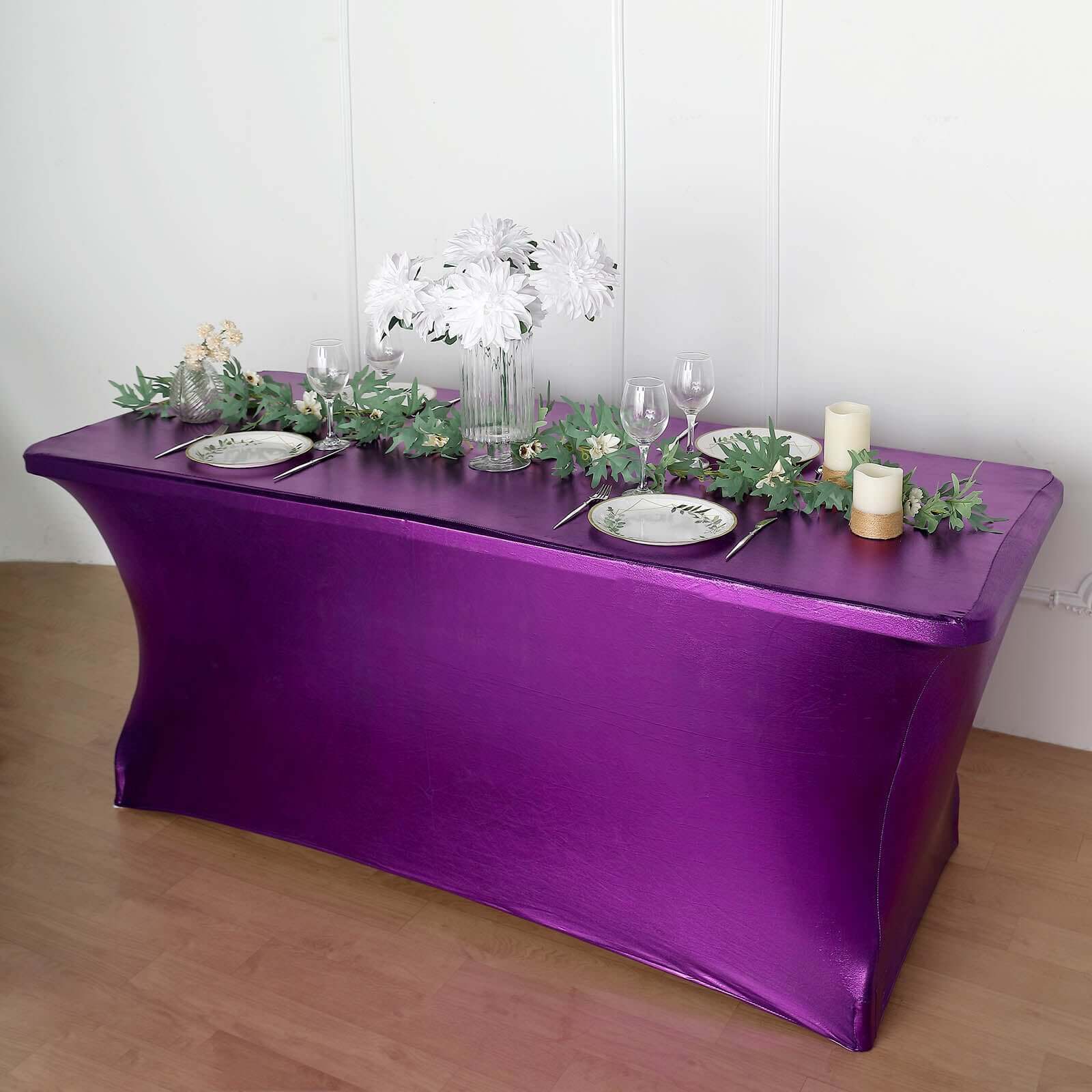 Metallic Purple Stretch Spandex Rectangle Tablecloth 6ft Wrinkle Free Fitted Table Cover for 72x30 Tables