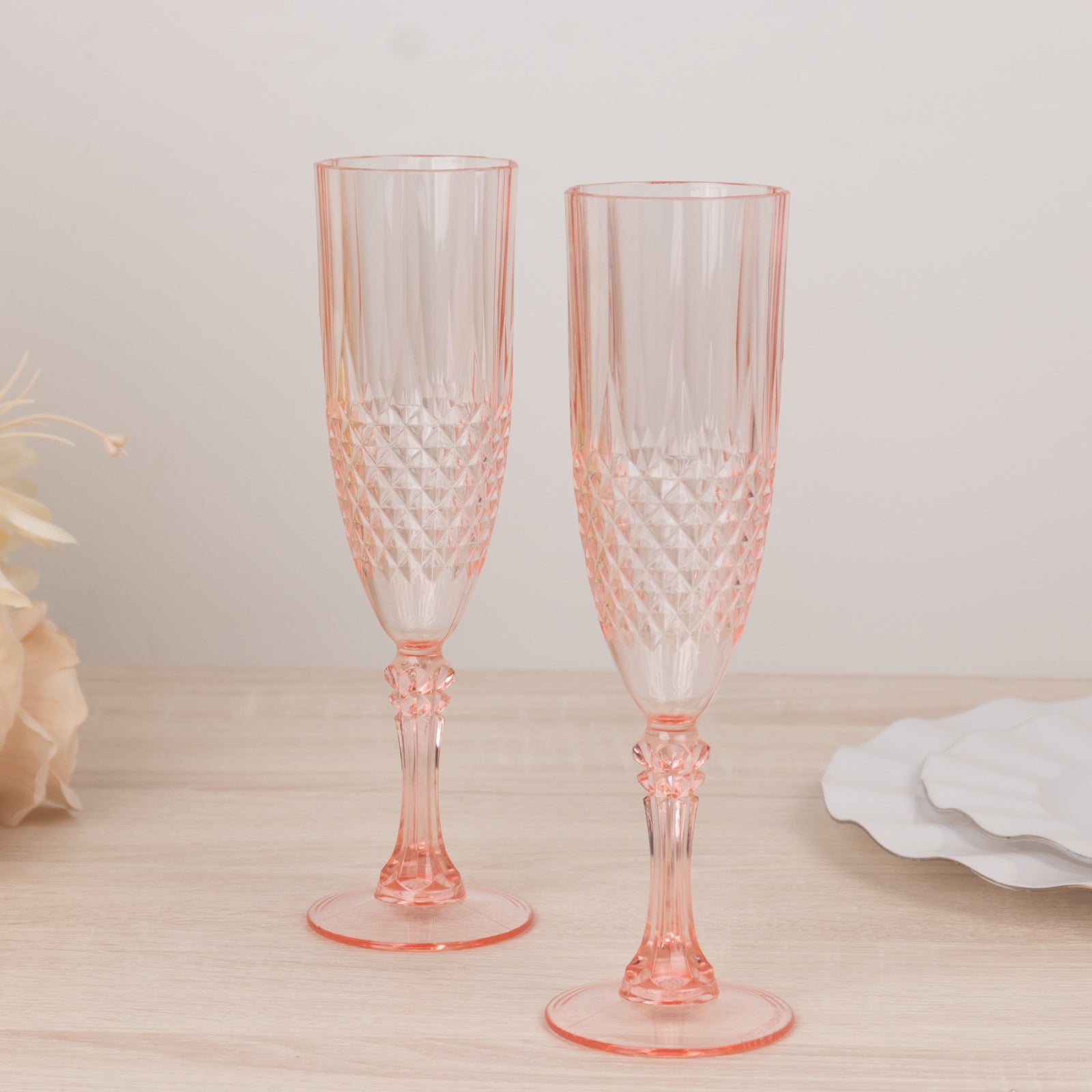 6-Pack Plastic Wedding Toast Flutes Transparent Blush Crystal Cut Style - Reusable Champagne Glasses 8oz