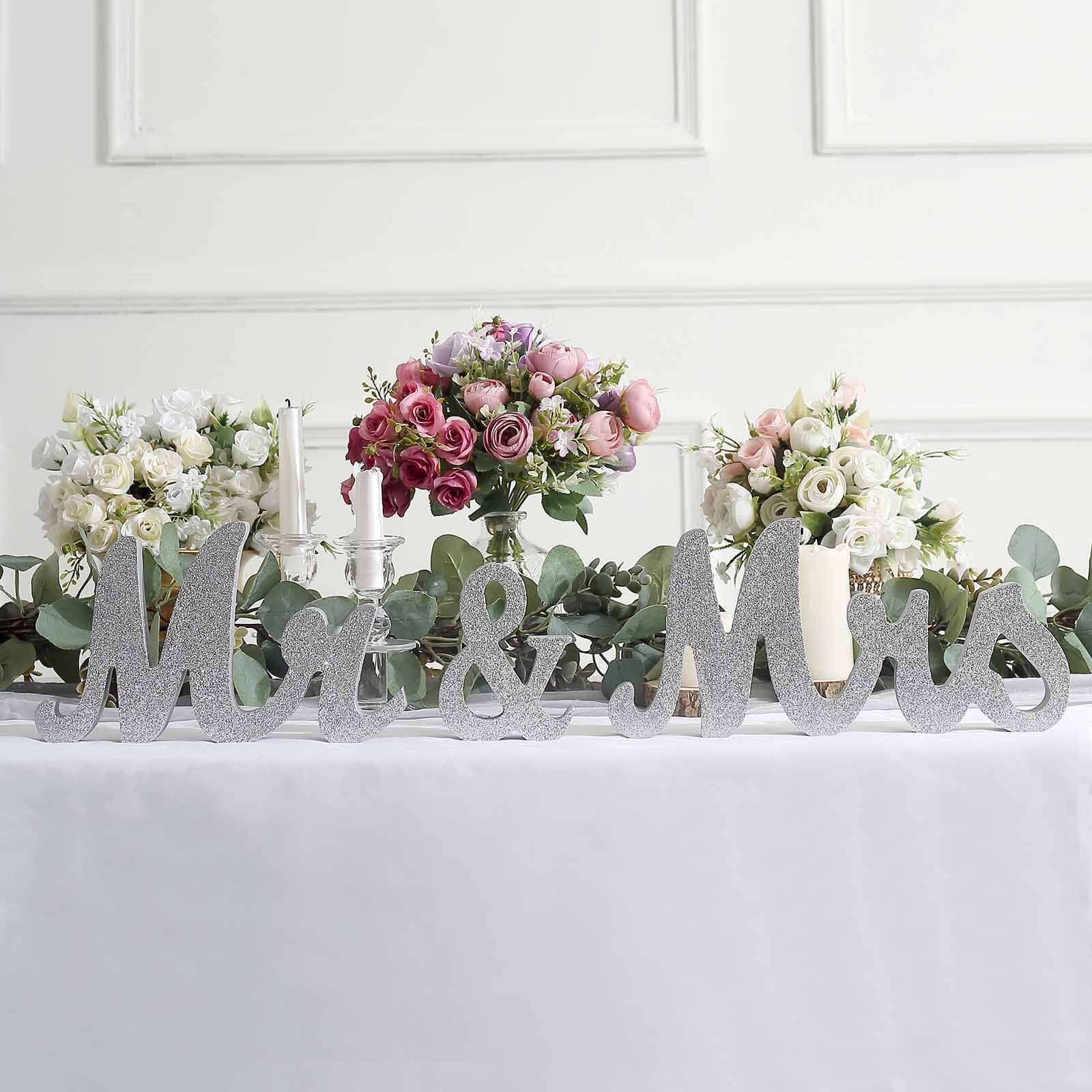 Wooden Mr & Mrs Freestanding Letters Silver Glittered - Rustic Glam Wedding Table Display Signs