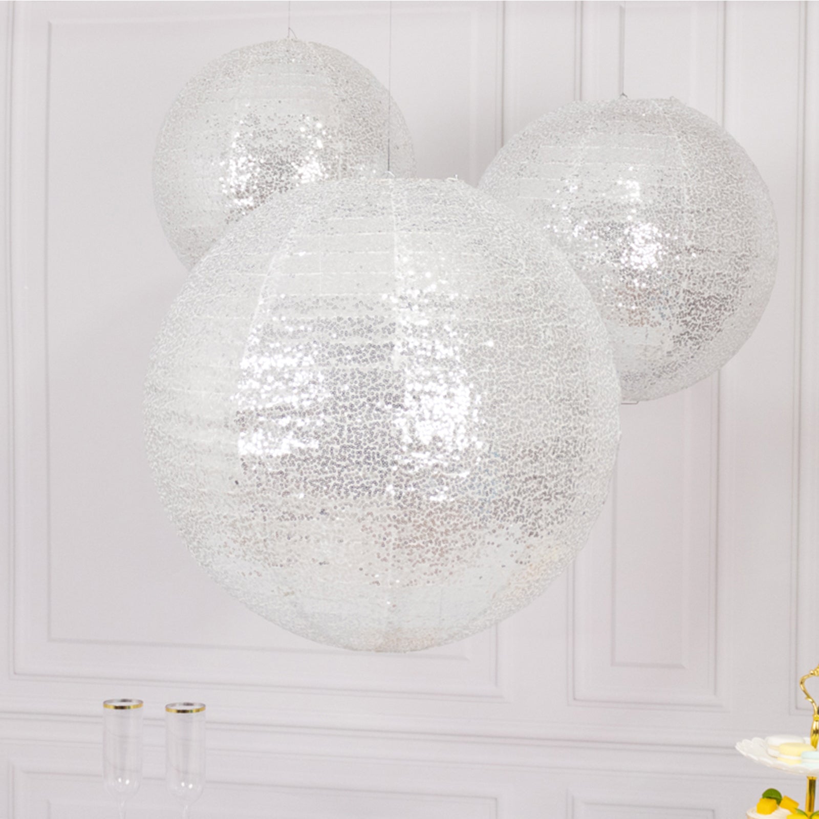 Set of 3 Glitter Silver Sequin Fabric Hanging Lanterns, Large Decorative Round Foldable Chinese Lantern Lampshades - 14,16,20