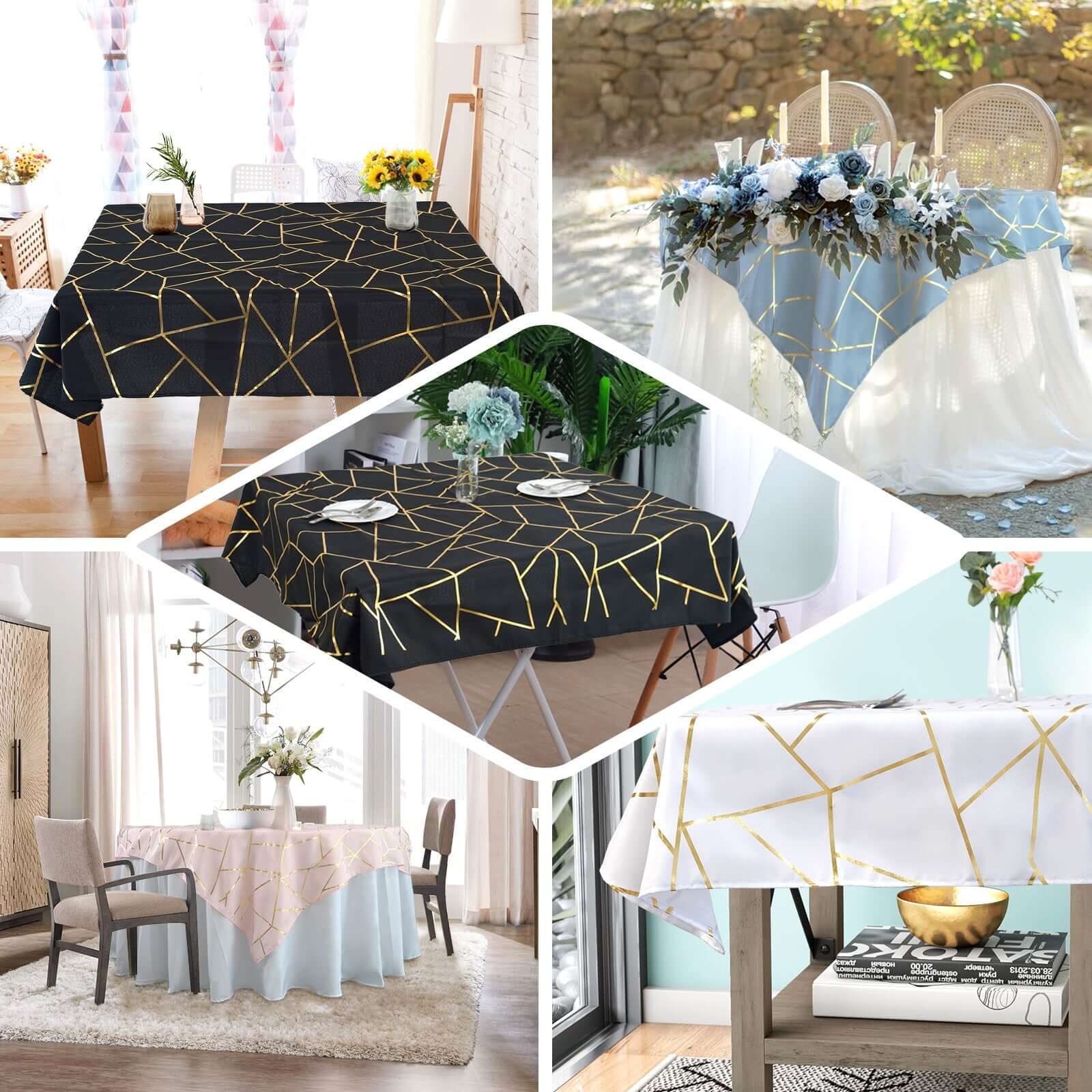 Polyester 54x54 Square Tablecloth Silver with Gold Foil Geometric Pattern - Wrinkle-Resistant & Durable for Stylish Settings