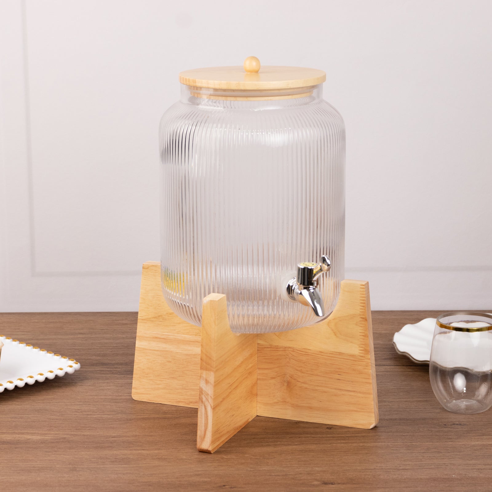 1 Gallon Clear Ribbed Glass Beverage Dispenser, Round Juice Jar with Wooden Stand and Lid - Lead-Free Countertop Feature 14