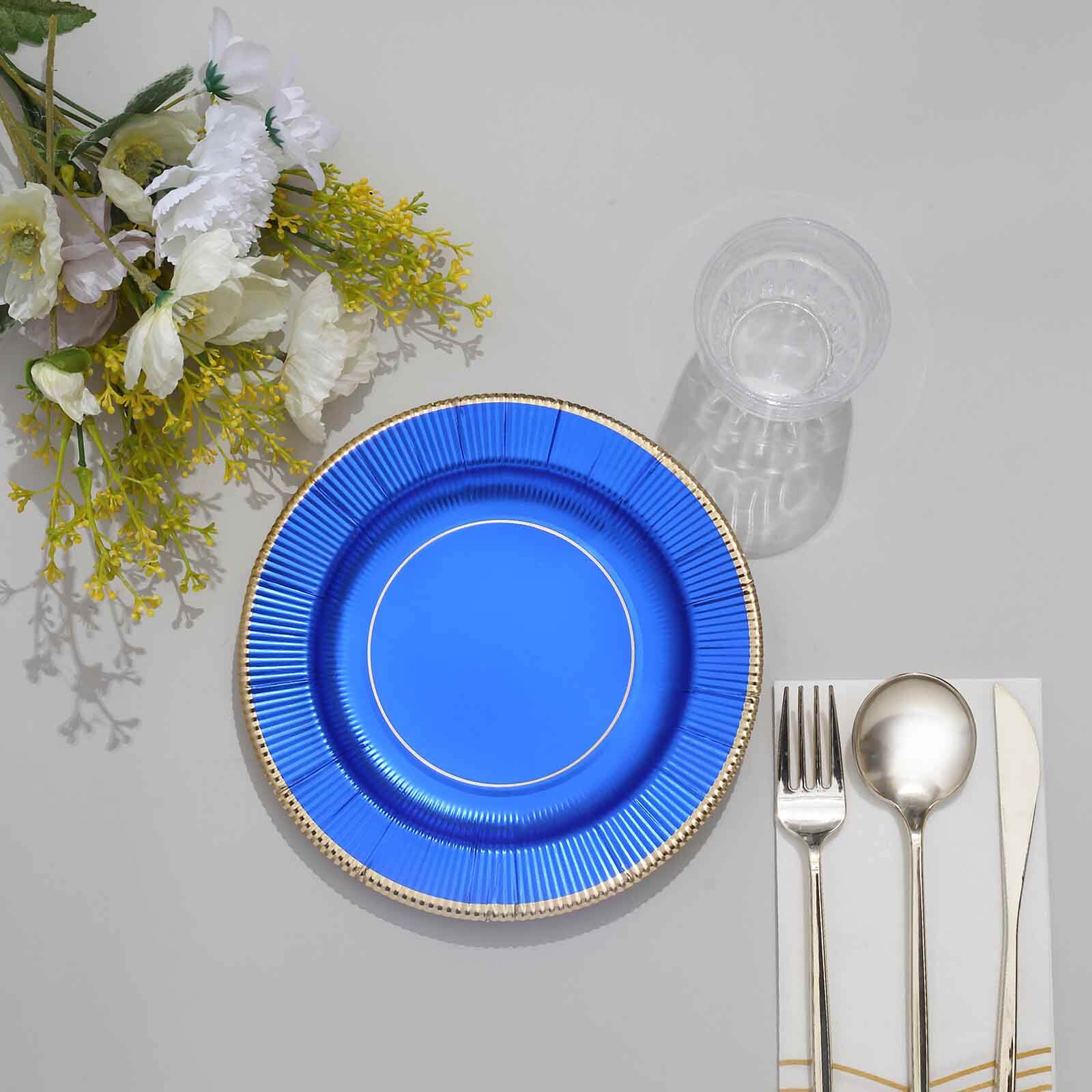 25-Pack Paper 8 Round Dessert Plates in Royal Blue Sunray Design with Gold Rim - Disposable Heavy Duty 350GSM Appetizer Salad Plates