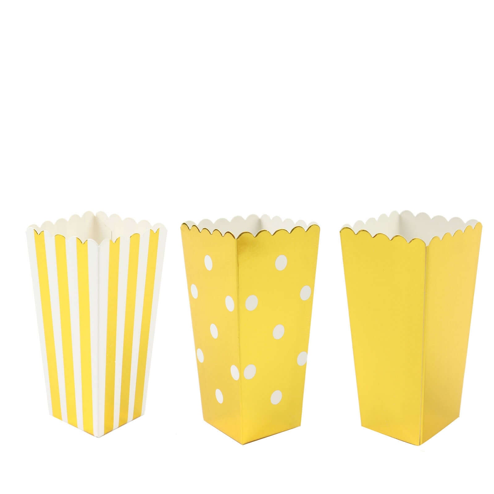 36 Pack 5 White Gold Design Mini Paper Popcorn Boxes, Candy Favor Disposable Bags - Stripe, Polka Dot, Solid Style