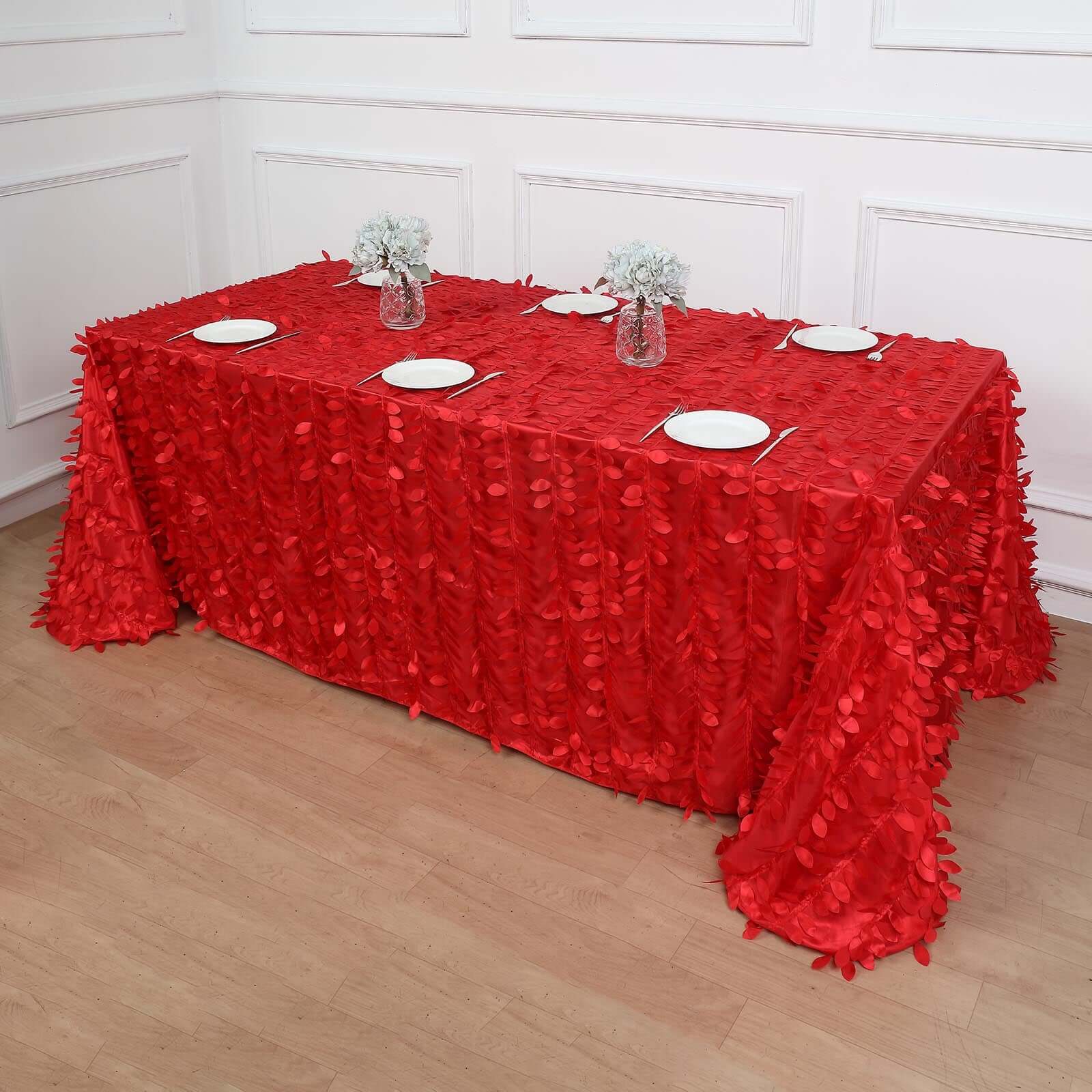 Taffeta 90x132 Rectangle Tablecloth Red | 3D Leaf Petal Design Seamless Table Cover