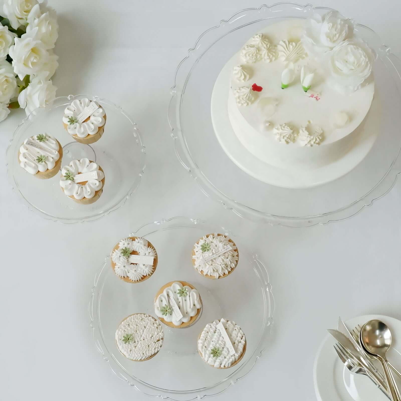 Set of 3 Plastic Round Pedestal Cake Stands Clear - Stackable Cupcake Display Holders with Scalloped Edges for Tea Parties Dessert Buffets & Banquets 9, 11, 15