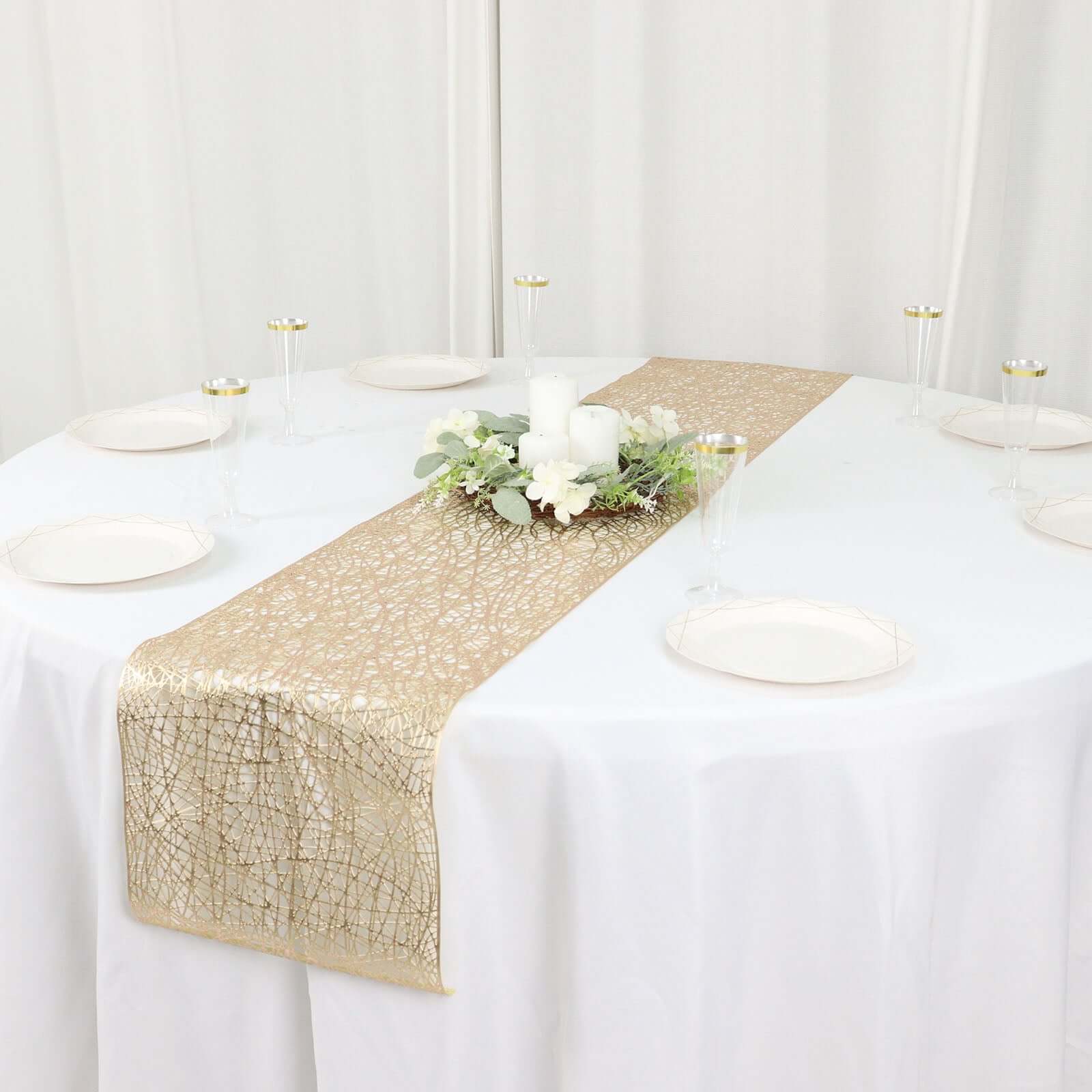 Plastic Woven Vinyl 13x6ft Table Runner Metallic Gold - Non-Slip & Reversible Tabletop Decor