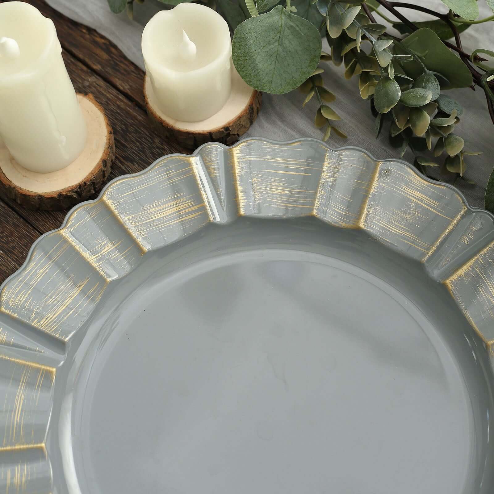 6-Pack Acrylic Plastic Round Charger Plates 13 in Charcoal Gray with Gold Brushed Wavy Scalloped Rim, Decorative Dinner Party Charger Tableware