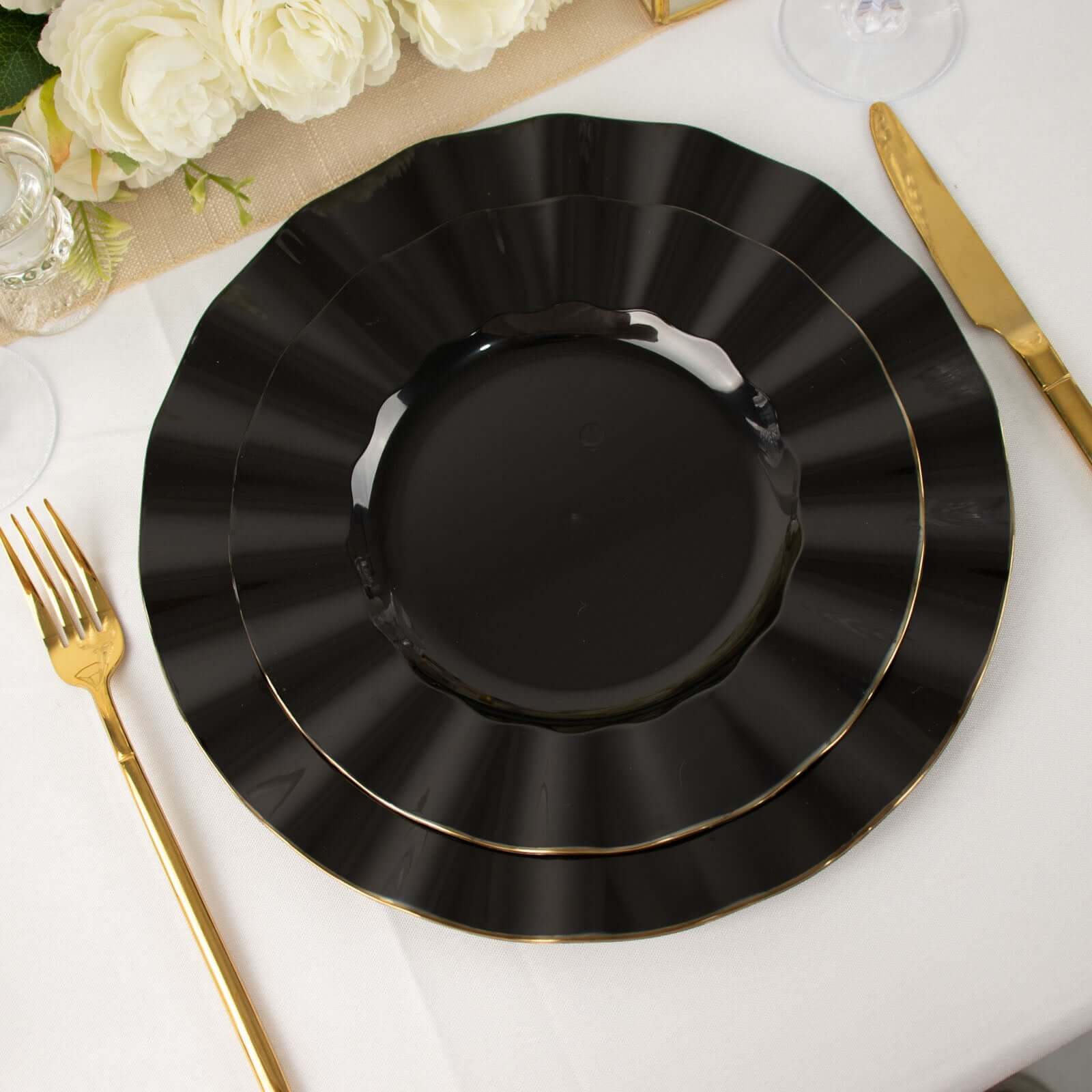 10-Pack Plastic 9 Round Dinner Plates in Black Ruffled Rim with Gold Edging - Sturdy Disposable Dinnerware