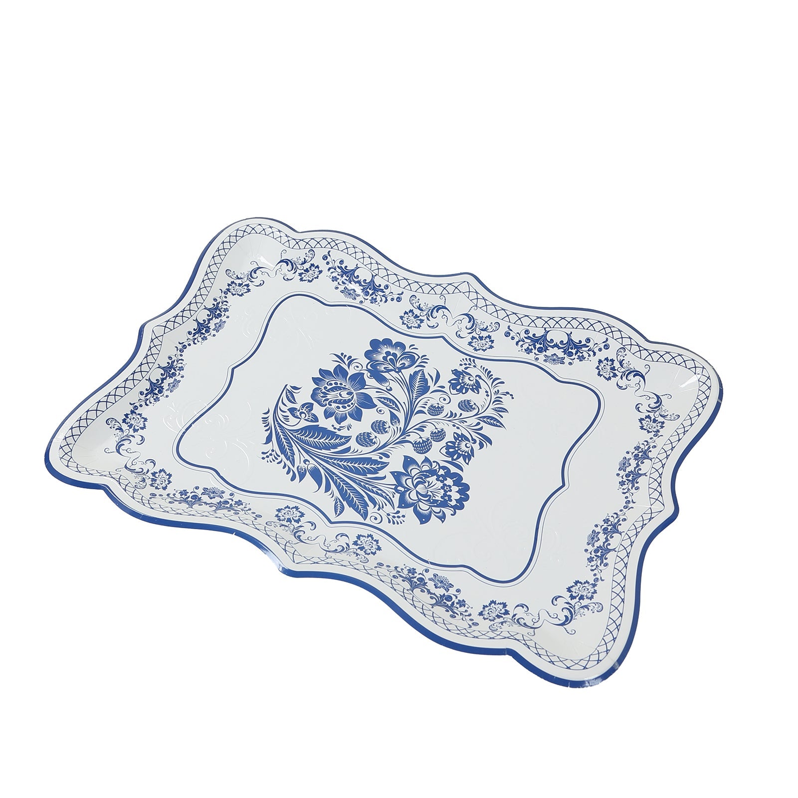 10-Pack Paper 14x10 Rectangle Serving Trays White Royal Blue Damask Floral Pattern - Heavy Duty Disposable 400GSM Cardboard Party Platters for Weddings & Parties