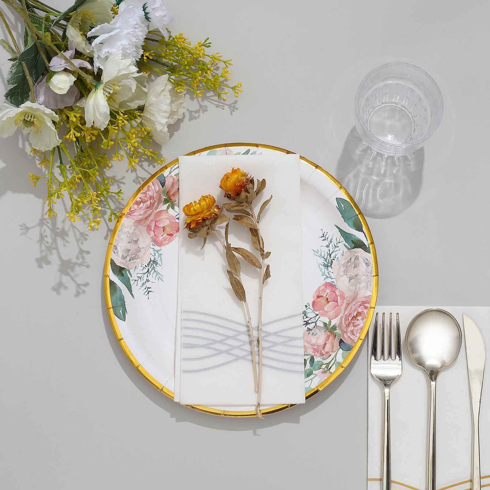 25-Pack Paper 9 Round Dinner Plates White with Peony Floral Design & Gold Rim - Disposable Floral Party Plates for Brunches & Afternoon Teas