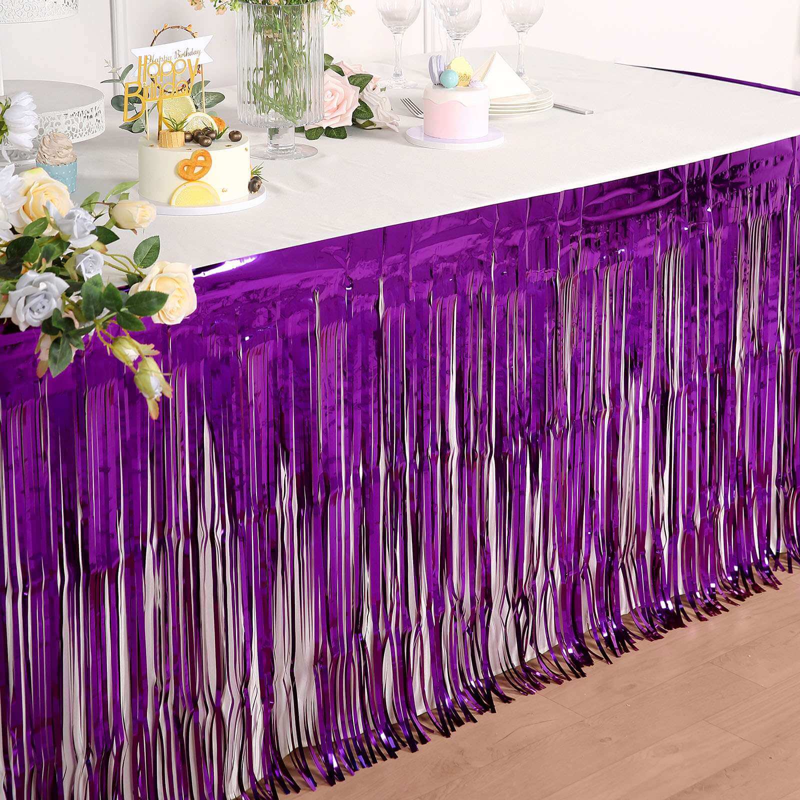 30x9ft Purple Metallic Foil Fringe Table Skirt, Self Adhesive Tinsel Table Skirt