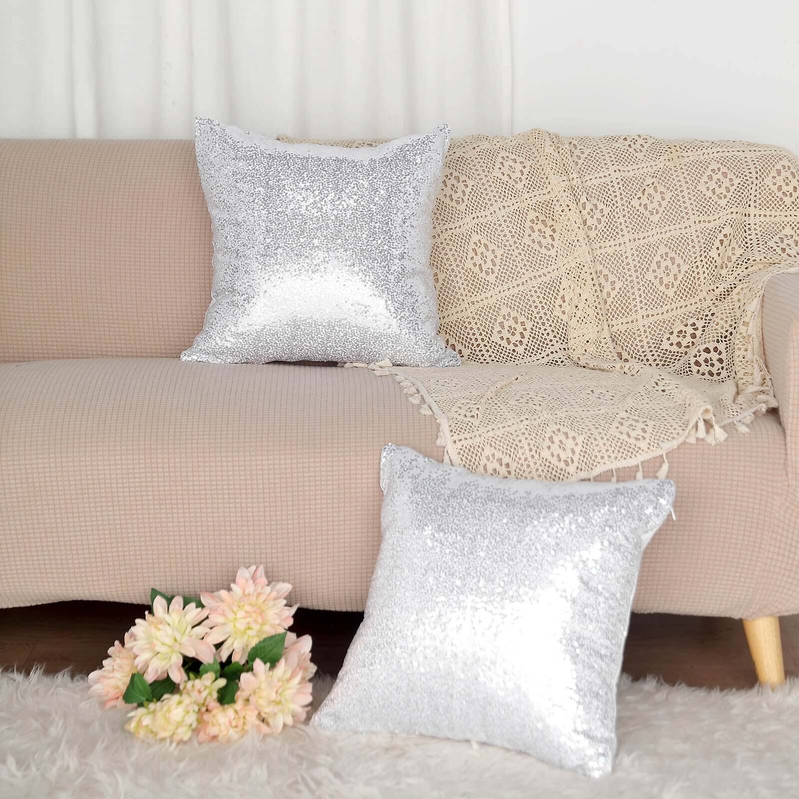 2 Pack 18 Silver Sequin Decorative Square Throw Pillow Cover