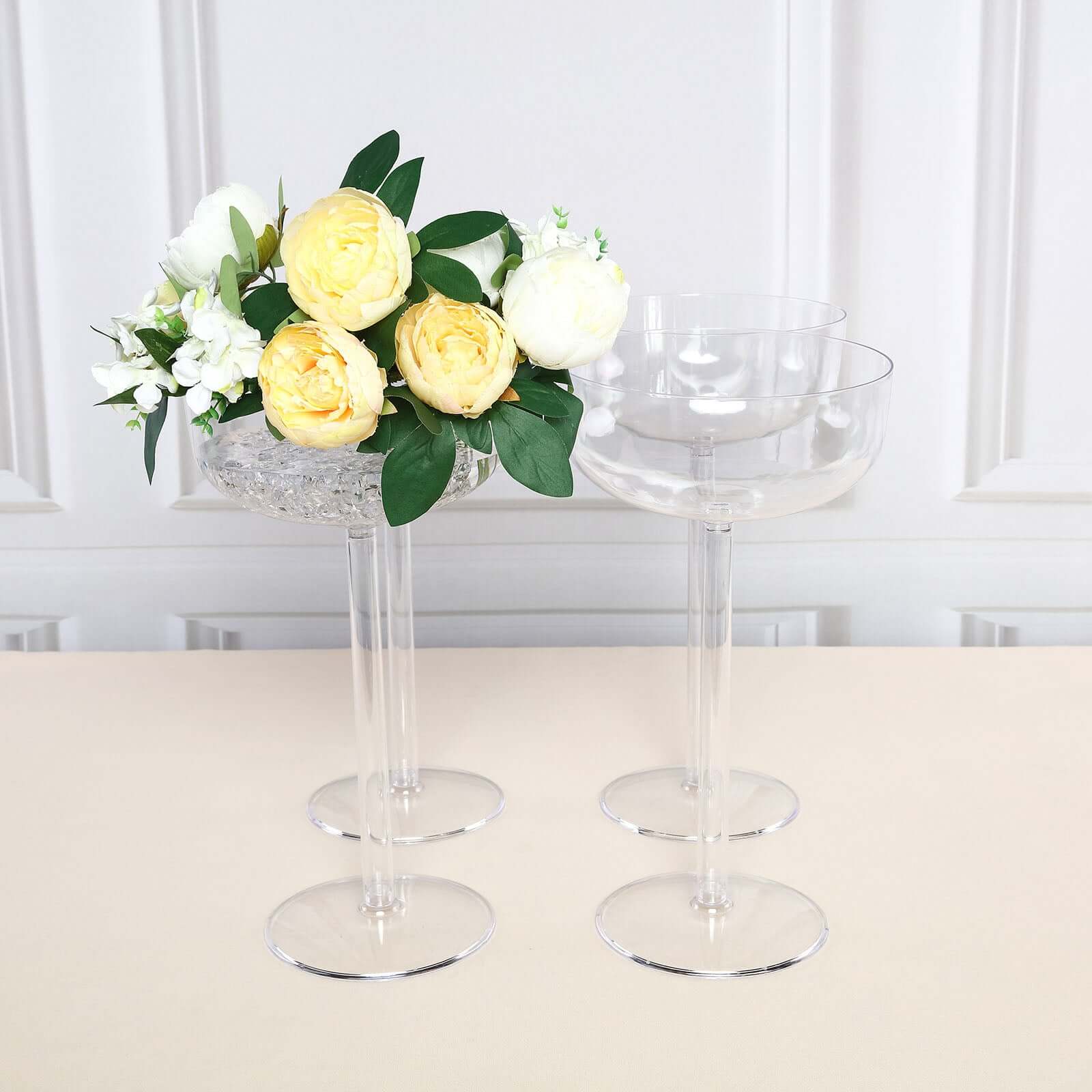 4-Pack Plastic Flower Vases Champagne Glass Design Clear - Fillable Long Stem Centerpieces for Events 18