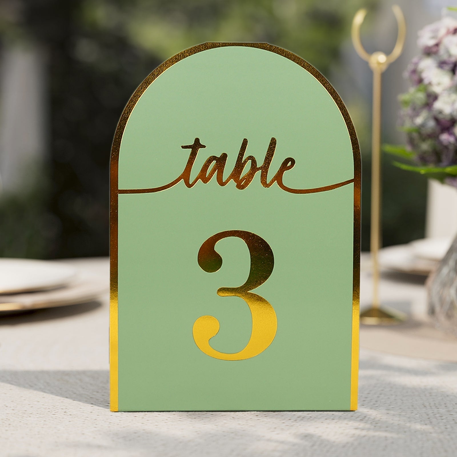 25-Pack Paper Wedding Table Numbers 1-25 Sage Green Arch Cutout Design - Sleek & Modern Free Standing Double Sided Table Tent Cards with Metallic Gold Foil Numbers 7