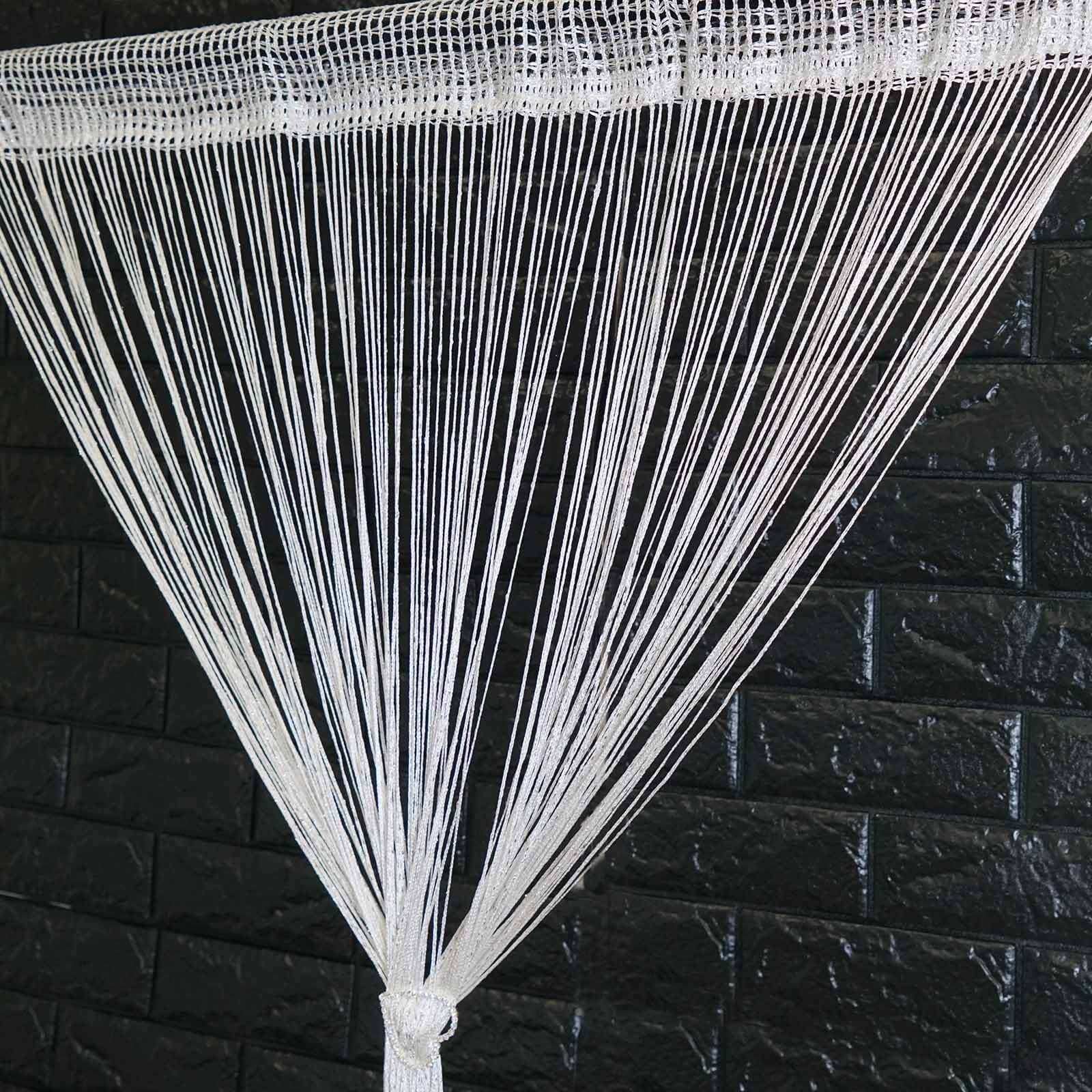3ftx8ft White Silver Silk Tassel String Curtains, Decorative Room Divider Panels
