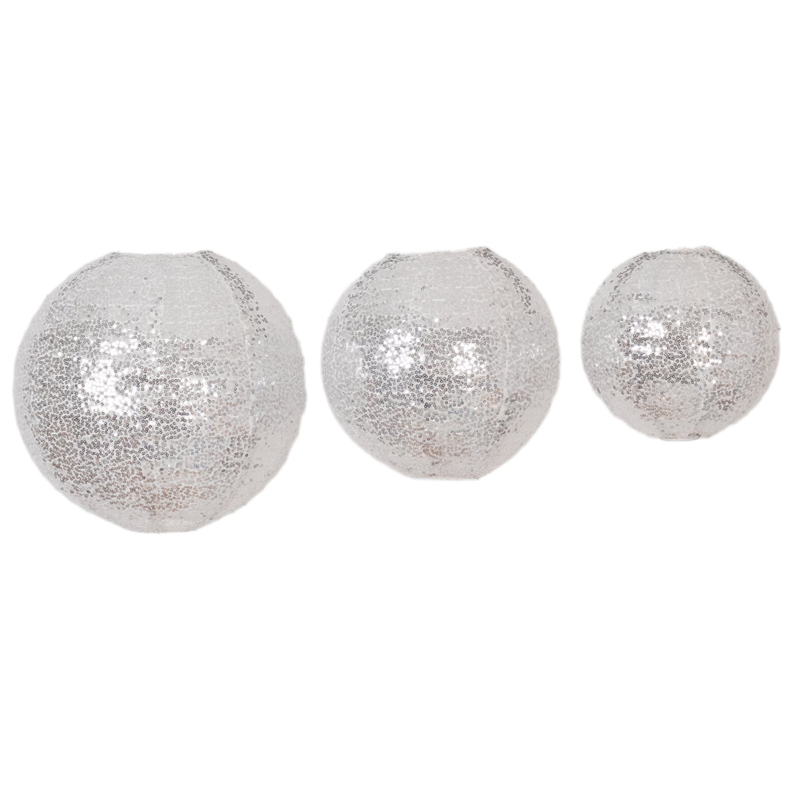 Set of 3 Glitter Silver Sequin Fabric Hanging Lanterns, Decorative Round Foldable Chinese Lantern Lampshades - 8,10,12