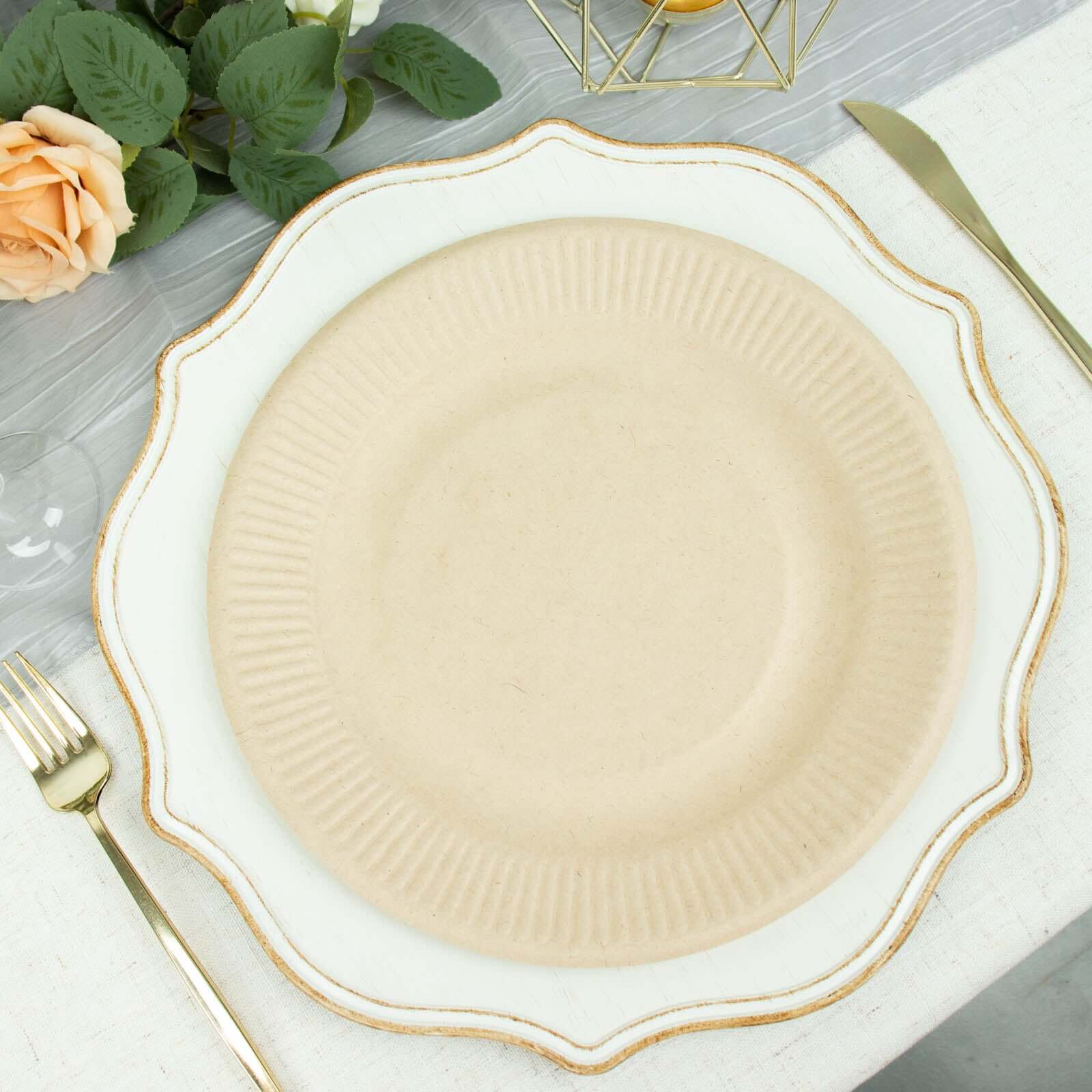 50-Pack Bagasse 10 Round Dinner Plates in Natural with Ribbed Rim - Eco Friendly Biodegradable Sugarcane Party Plates for Events