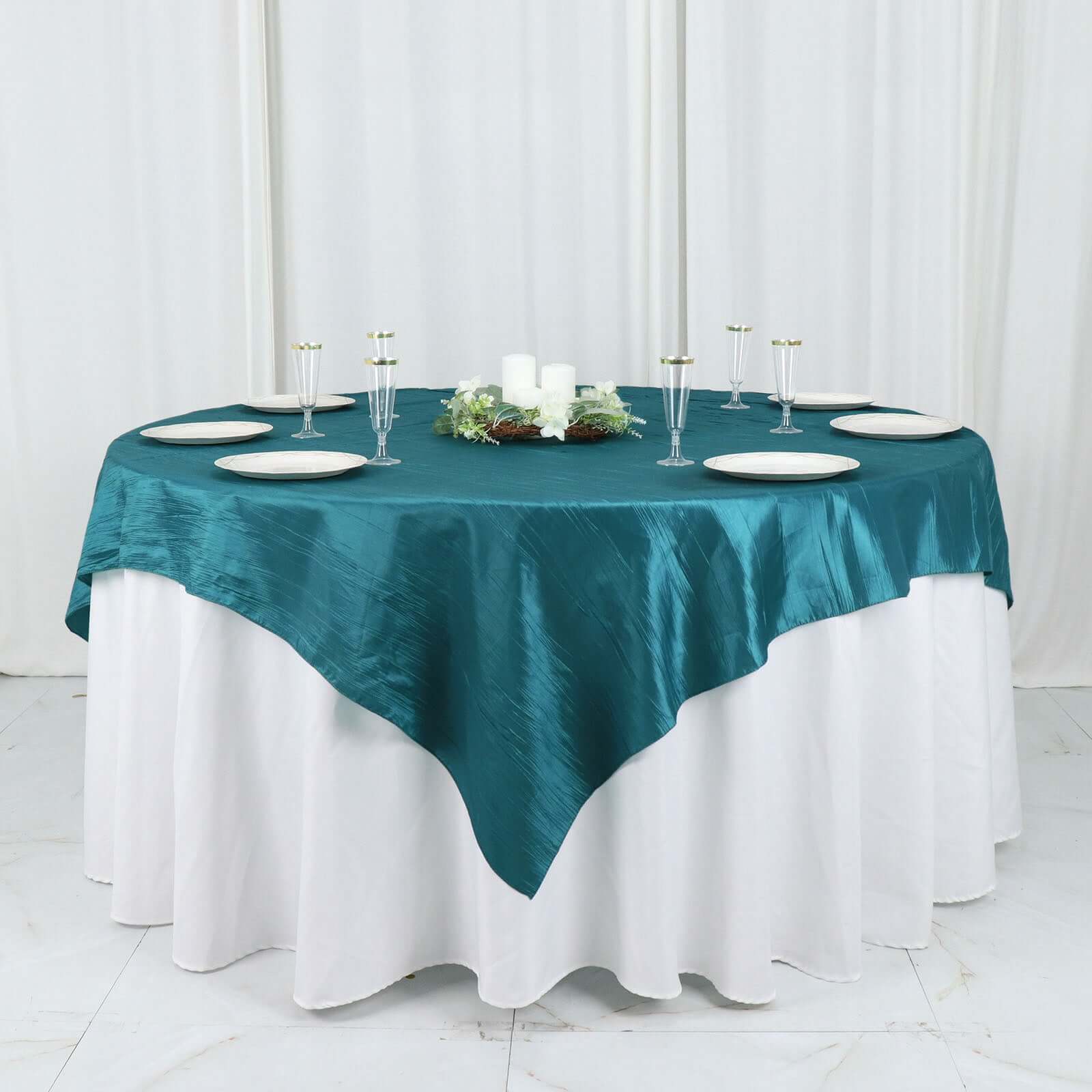 Taffeta 72x72 Table Overlay Square Tablecloth Peacock Teal - Accordion Crinkle Table Cover