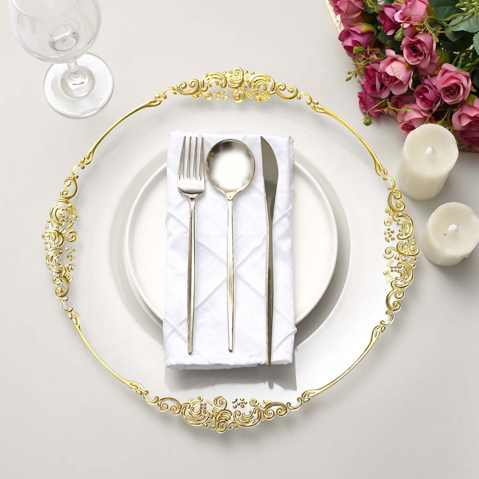 6-Pack Acrylic Round Charger Plates 13 in Clear with Gold Embossed Baroque Rim, Antique Decorative Dinner Party Charger Tableware