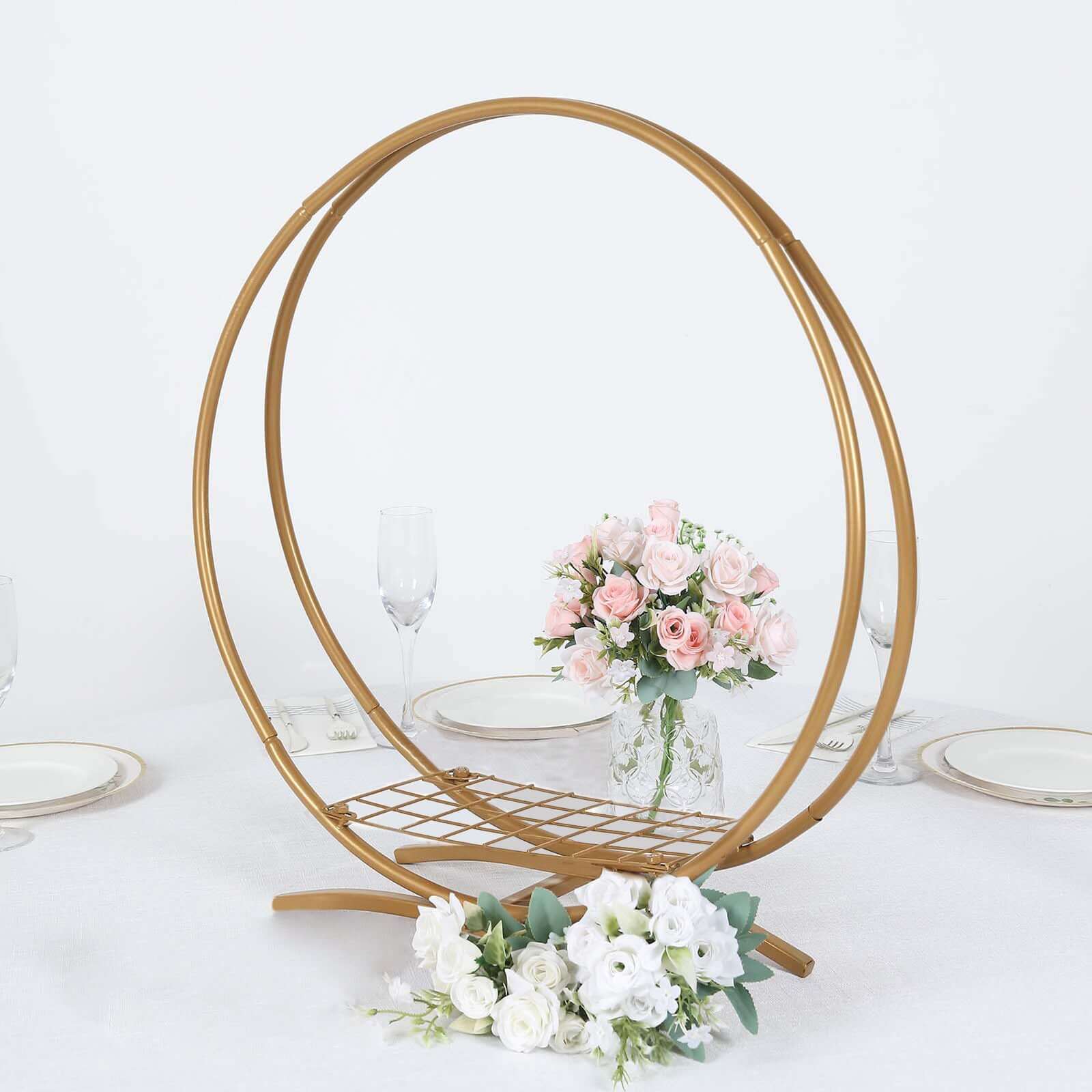 Double Frame Hoop Table Centerpiece Metal Gold - Wedding Cake Display & Flower Stand 24