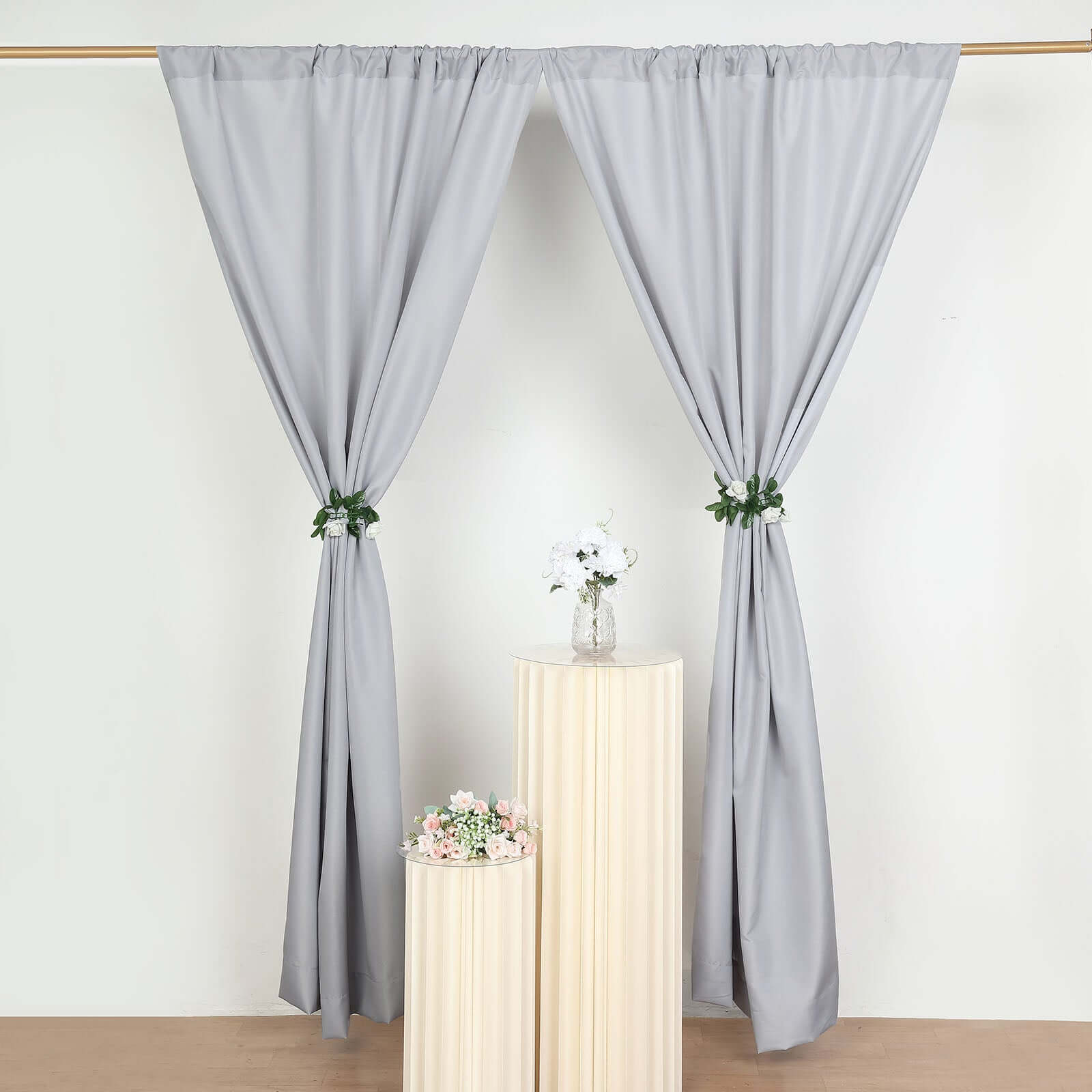 2 Pack Silver Polyester Event Curtain Drapes, 10ftx8ft Backdrop Event Panels With Rod Pockets 130 GSM