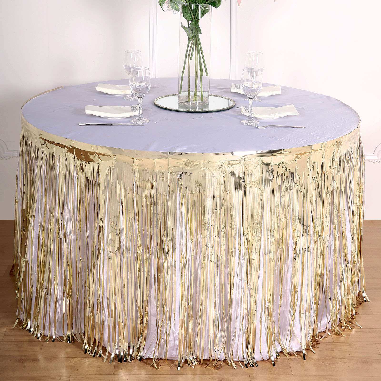 Metallic Foil Fringe Table Skirt Champagne with Self Adhesive Backing - Durable Tinsel Skirt for Parties 30x9ft