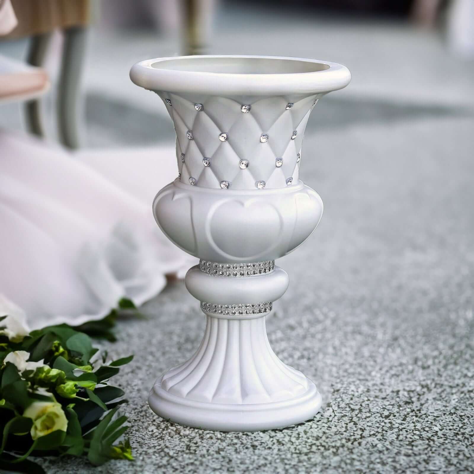 2 Pack White Crystal Beaded Italian Inspired Pedestal Stand Flower Plant Pillar With 10mm Crystal Studs - 18 Tall PVC