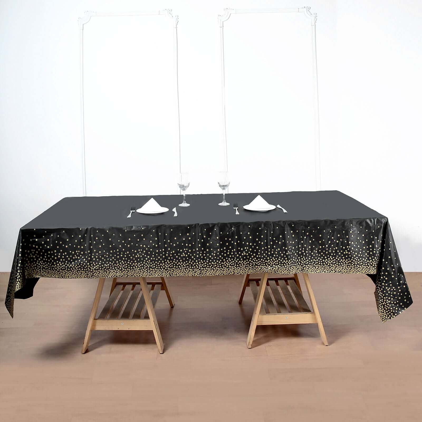 5-Pack Plastic Table Covers Black Rectangle with Gold Confetti Dots - Durable PVC Disposable Tablecloths for Events 54x108