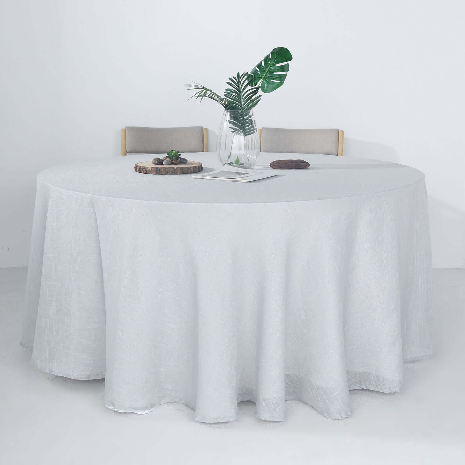 Faux Linen 120 Round Tablecloth Silver - Slubby Texture Wrinkle-Resistant Seamless Table Cover