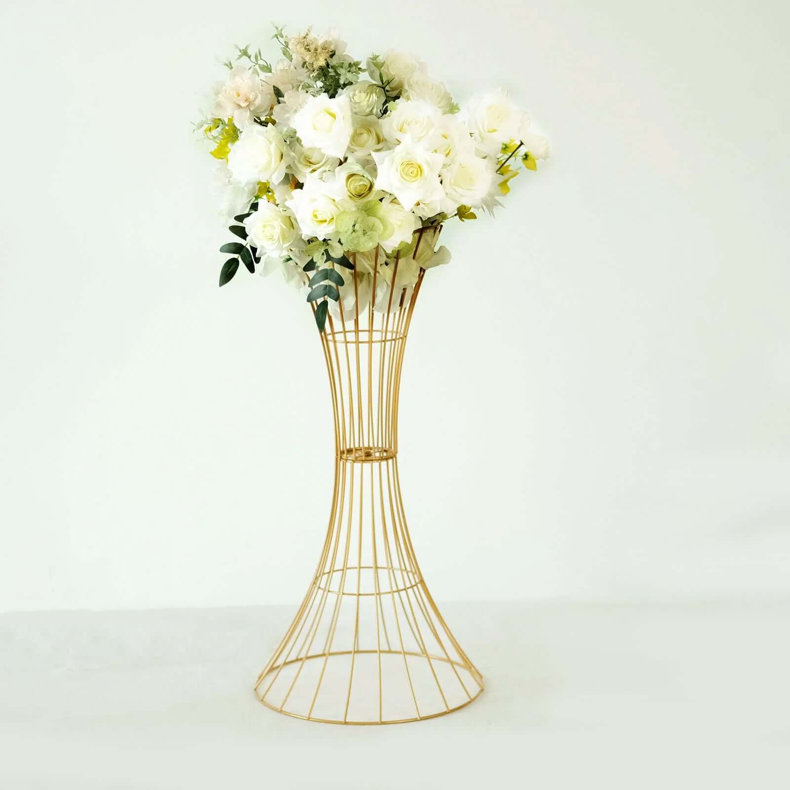 Metal Centerpiece Stand Gold Hourglass Trumpet Shape Design - Flower Open Frame Reversible Pedestal 24