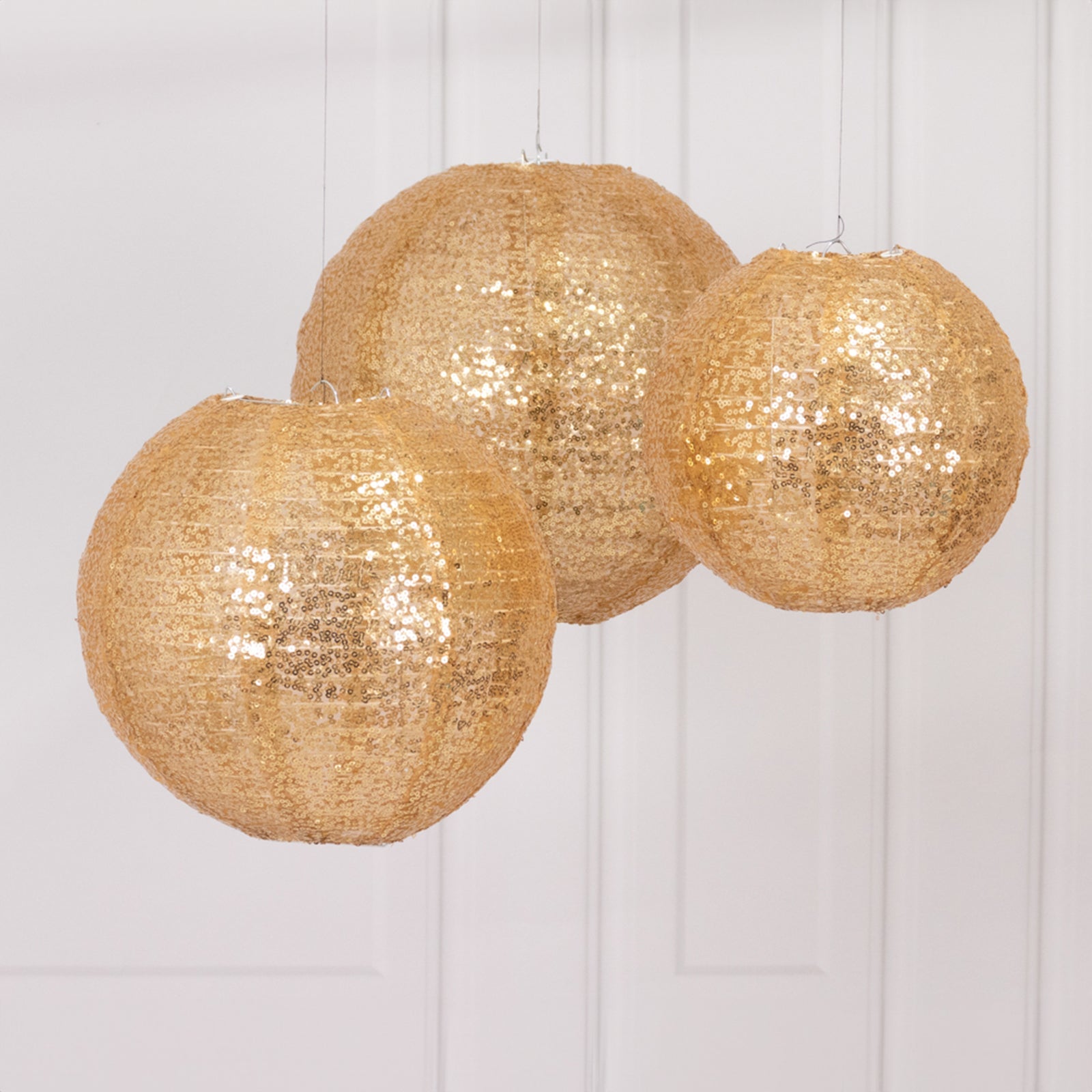 Set of 3 Glitter Gold Sequin Fabric Hanging Lanterns, Decorative Round Foldable Chinese Lantern Lampshades - 8,10,12