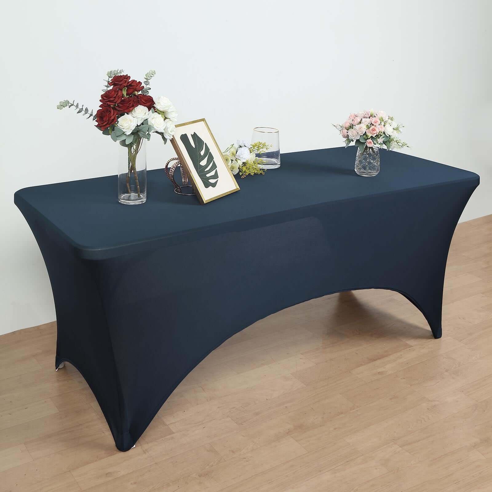 Stretch Spandex 72x30 Rectangular Table Cover Navy Blue with Curved Open Back Design Tailored Professional Look