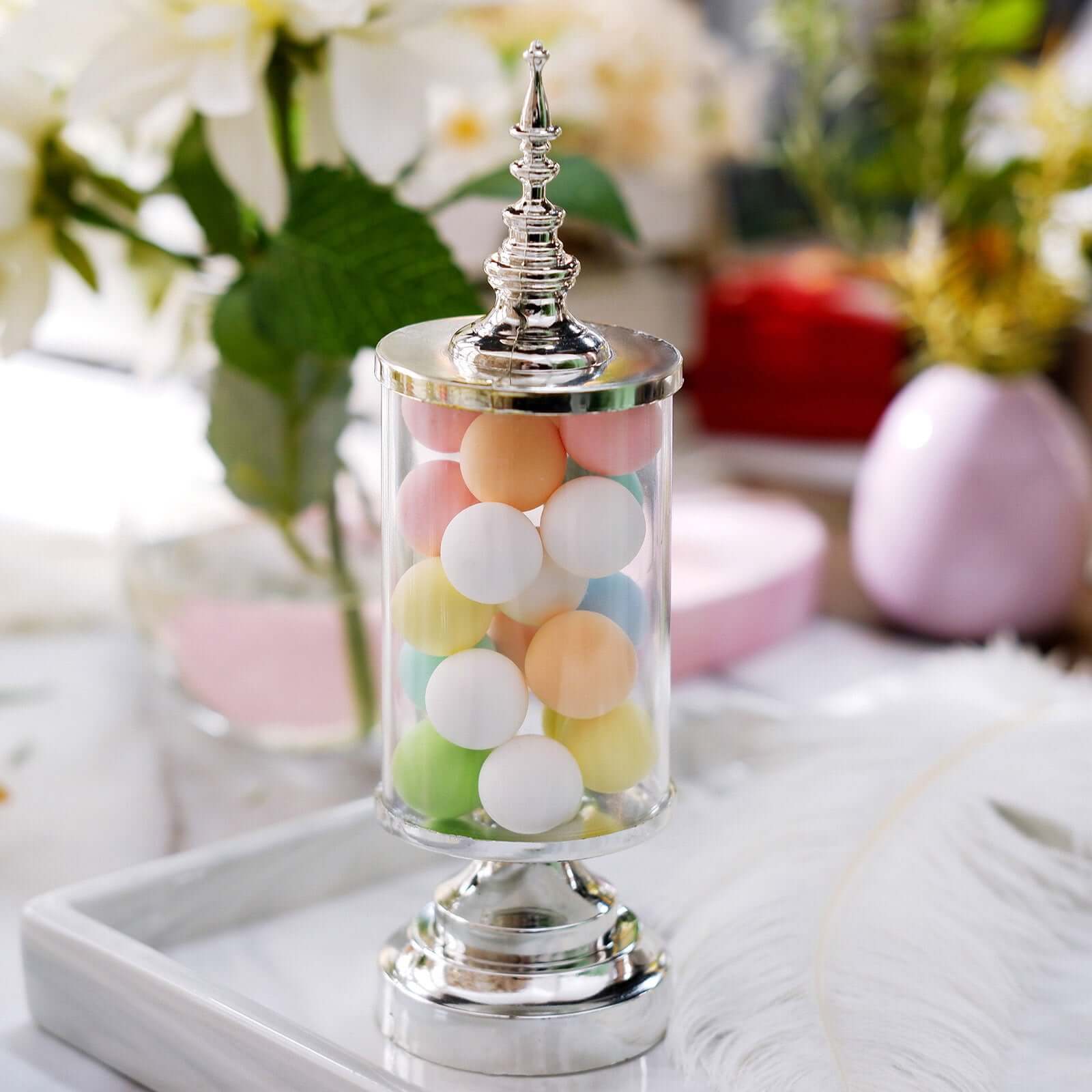 6-Pack Pillar Candy Jar Candy Container Clear/Silver - Decorative Apothecary Jars for Party Favors 7