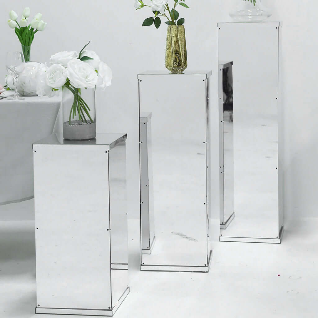 Set of 5 Silver Mirror Finish Acrylic Display Boxes, Pedestal Risers with Interchangeable Lid and Base - 12,16,24,32,40