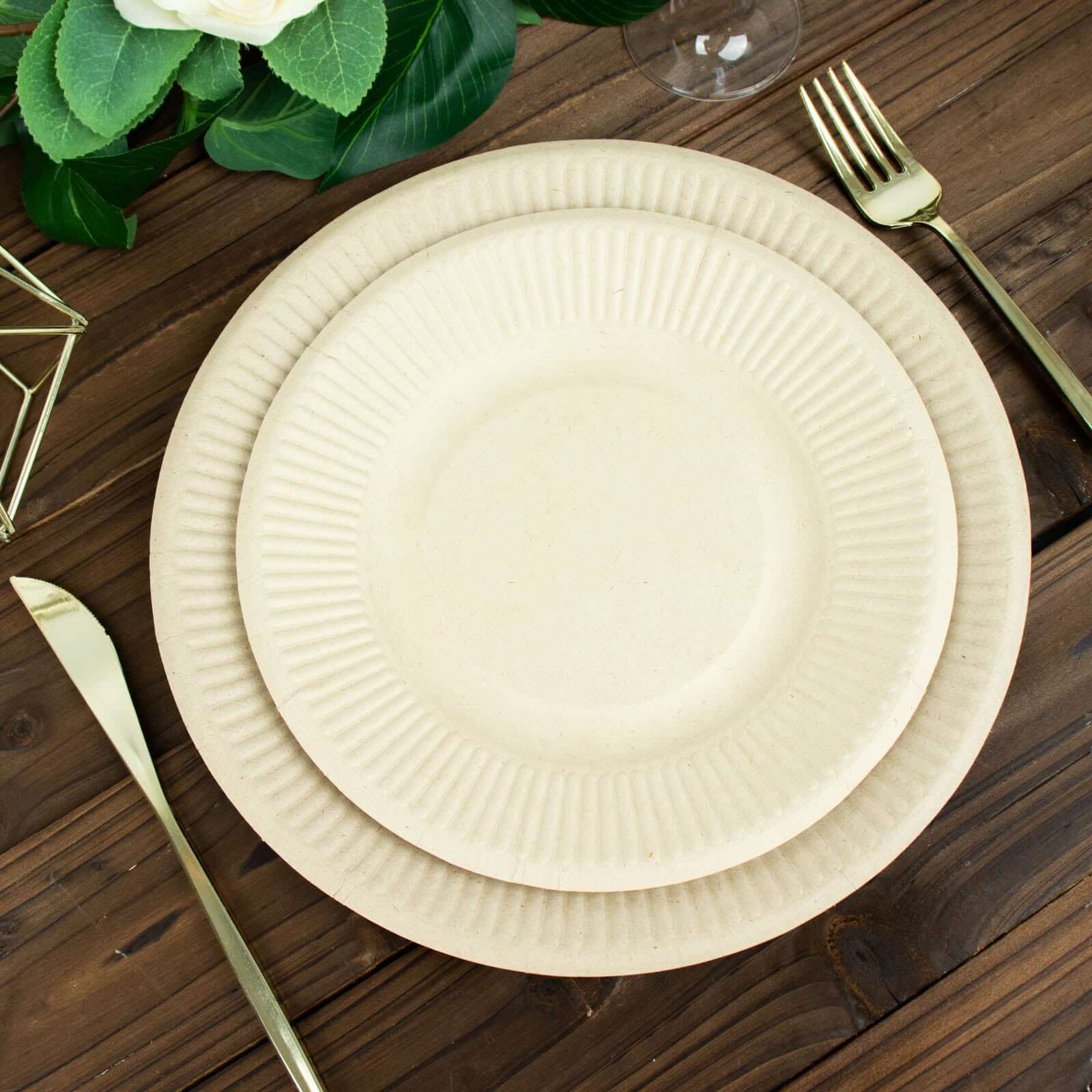 50-Pack Bagasse 8 Round Dessert Plates in Natural with Ribbed Rim - Eco Friendly Sugarcane Appetizer/Salad Plates for Parties & Events