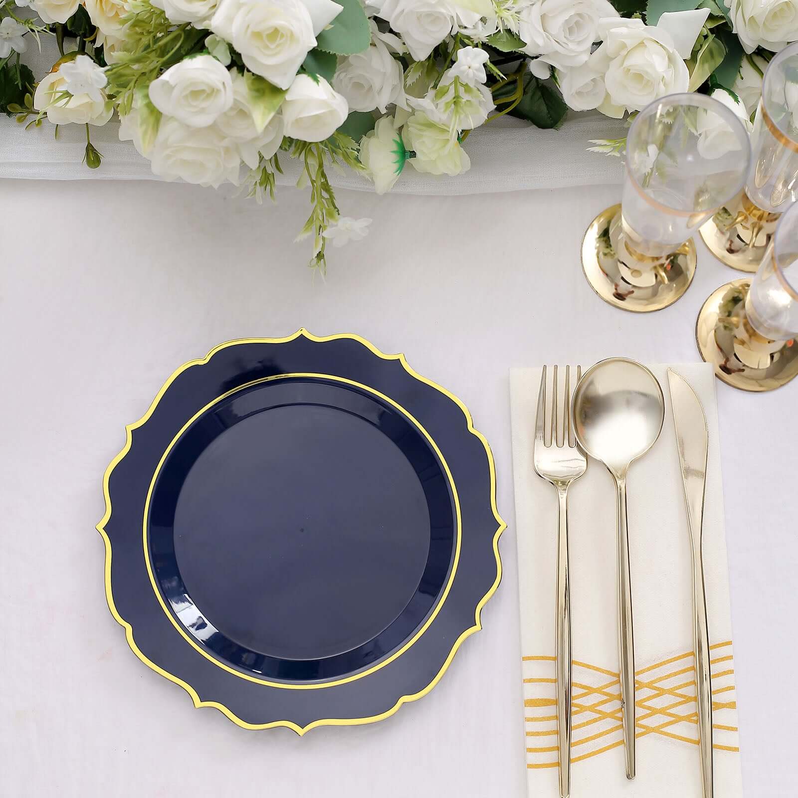 10-Pack Plastic 8 Round Desert Plates in Navy Blue with Gold Scalloped Rim - Disposable Appetizer/Salad Plates